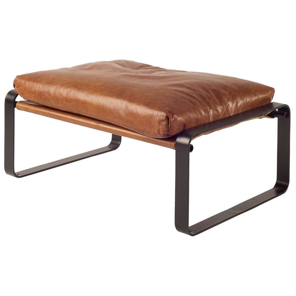 Hornet I 14"H Brown Leather Black Metal Base Ottoman - Central Designs