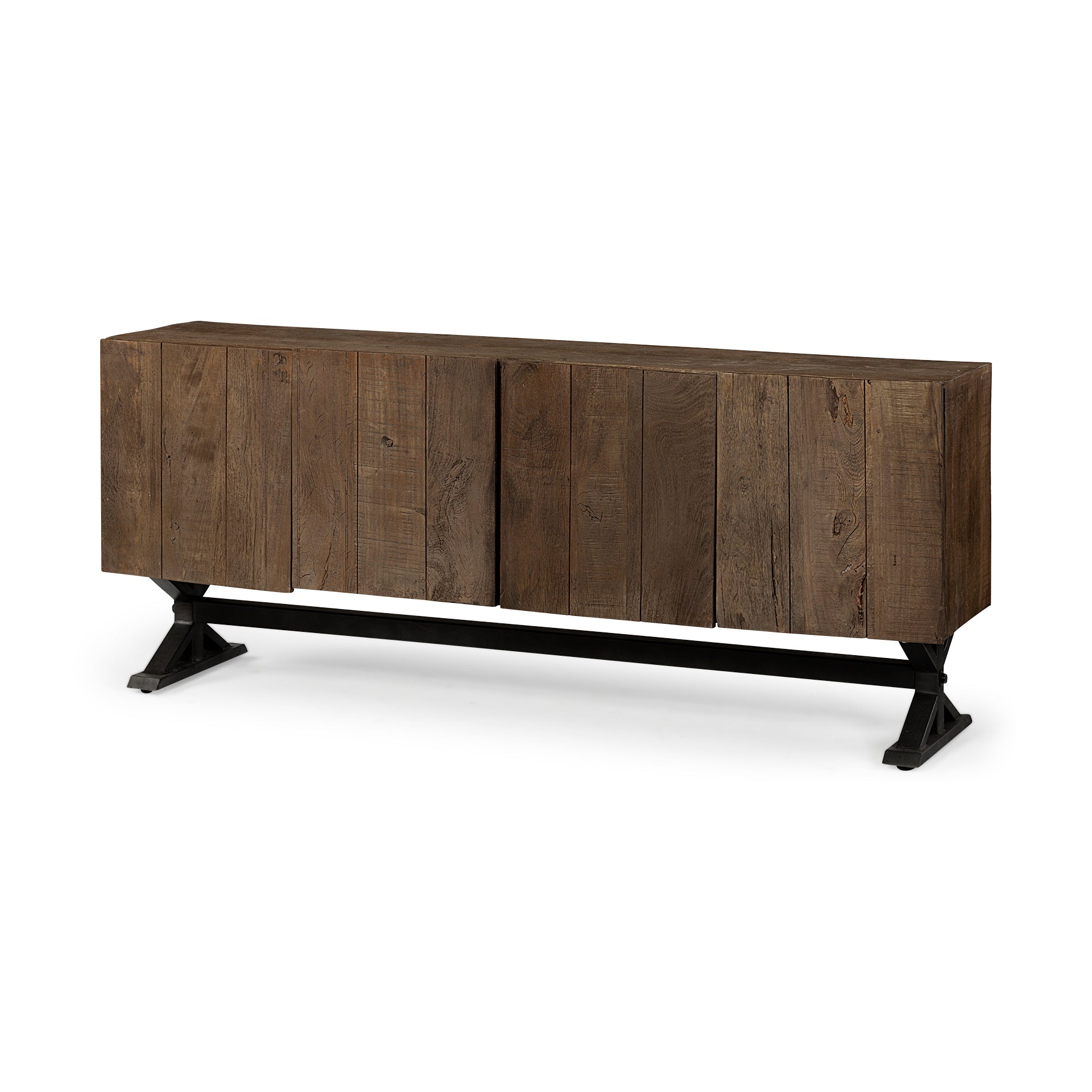 Hollingworth 72x18 Brown Solid Wood Frame Nickel Metal Base 4 Cabinet Door Sideboard - Central Designs