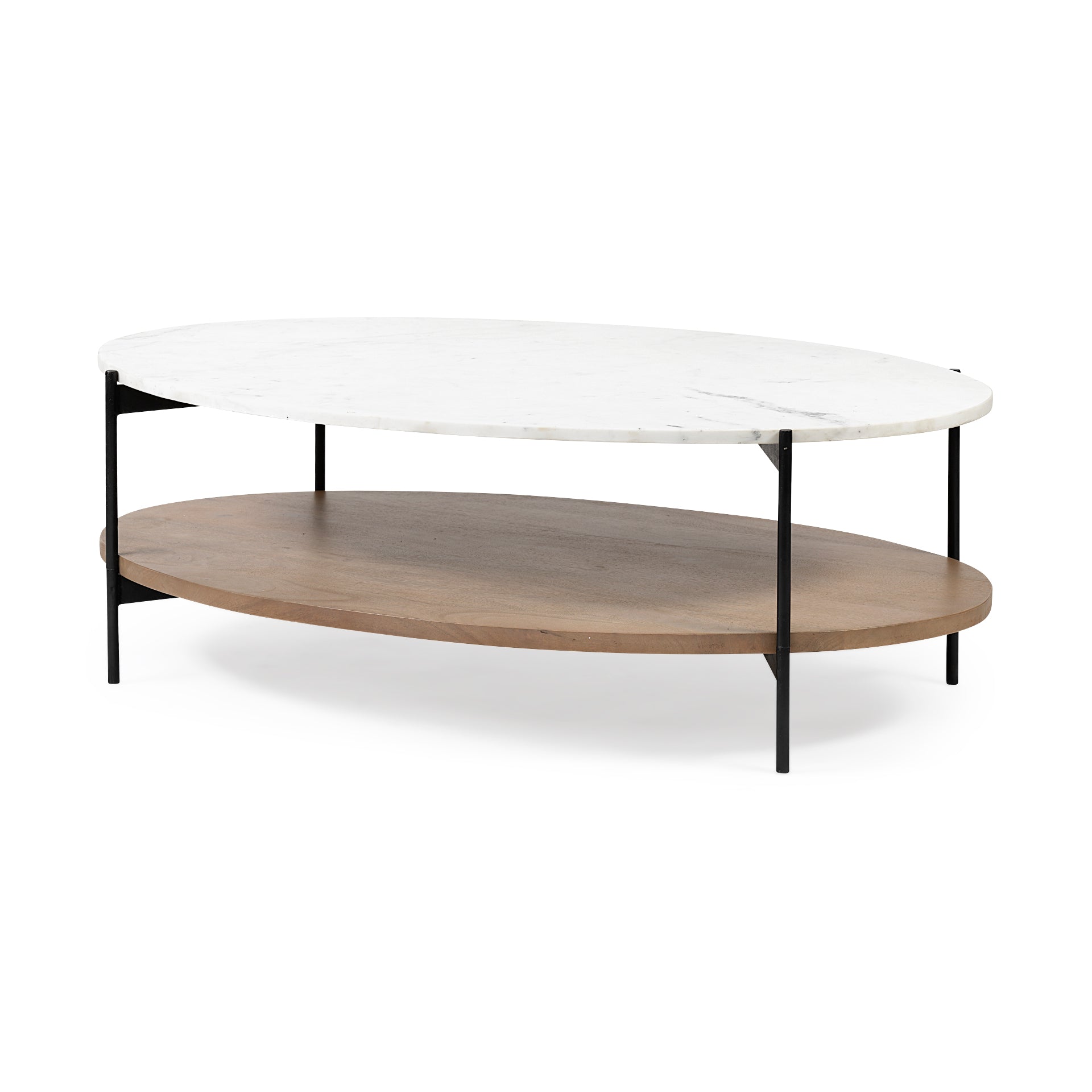 Larkin 48" Oval White Marble Top and Solid Wood Shelf w/ Black Metal Frame Coffee Table - Central Designs