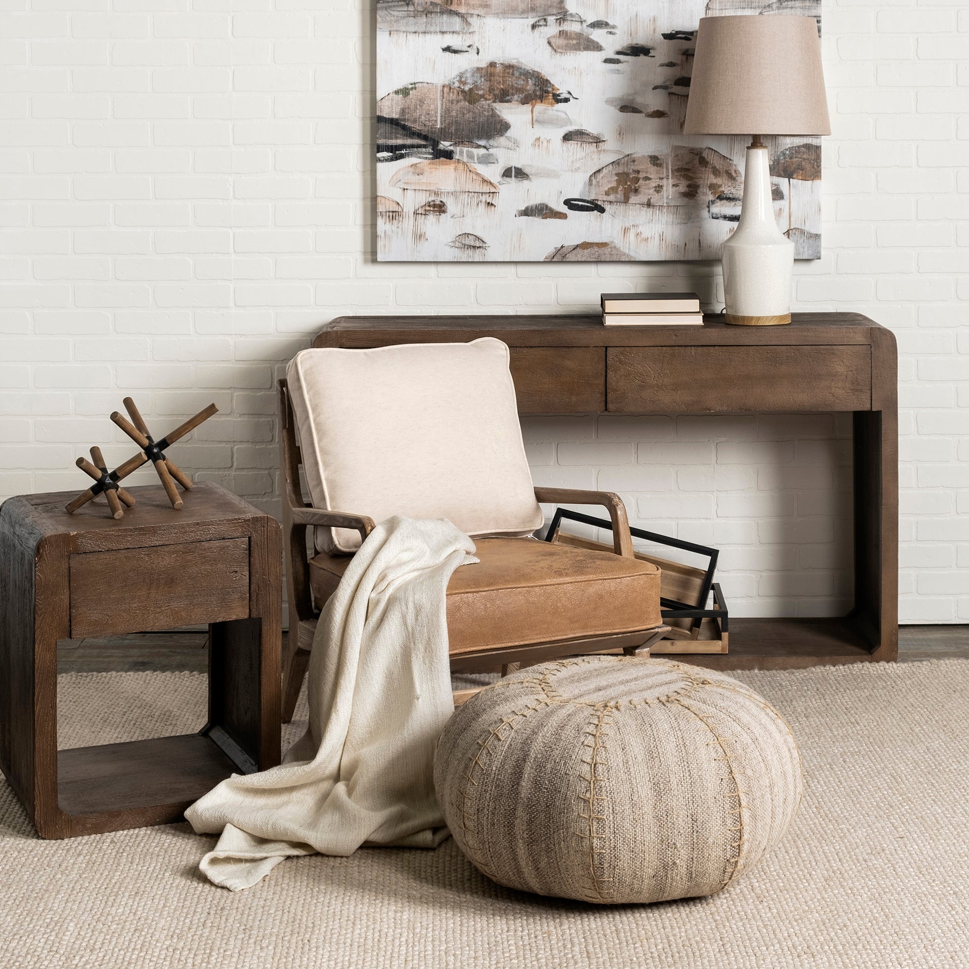 Harman II Cream Fabric and Brown Leather Seat Accent Chair - Central Designs