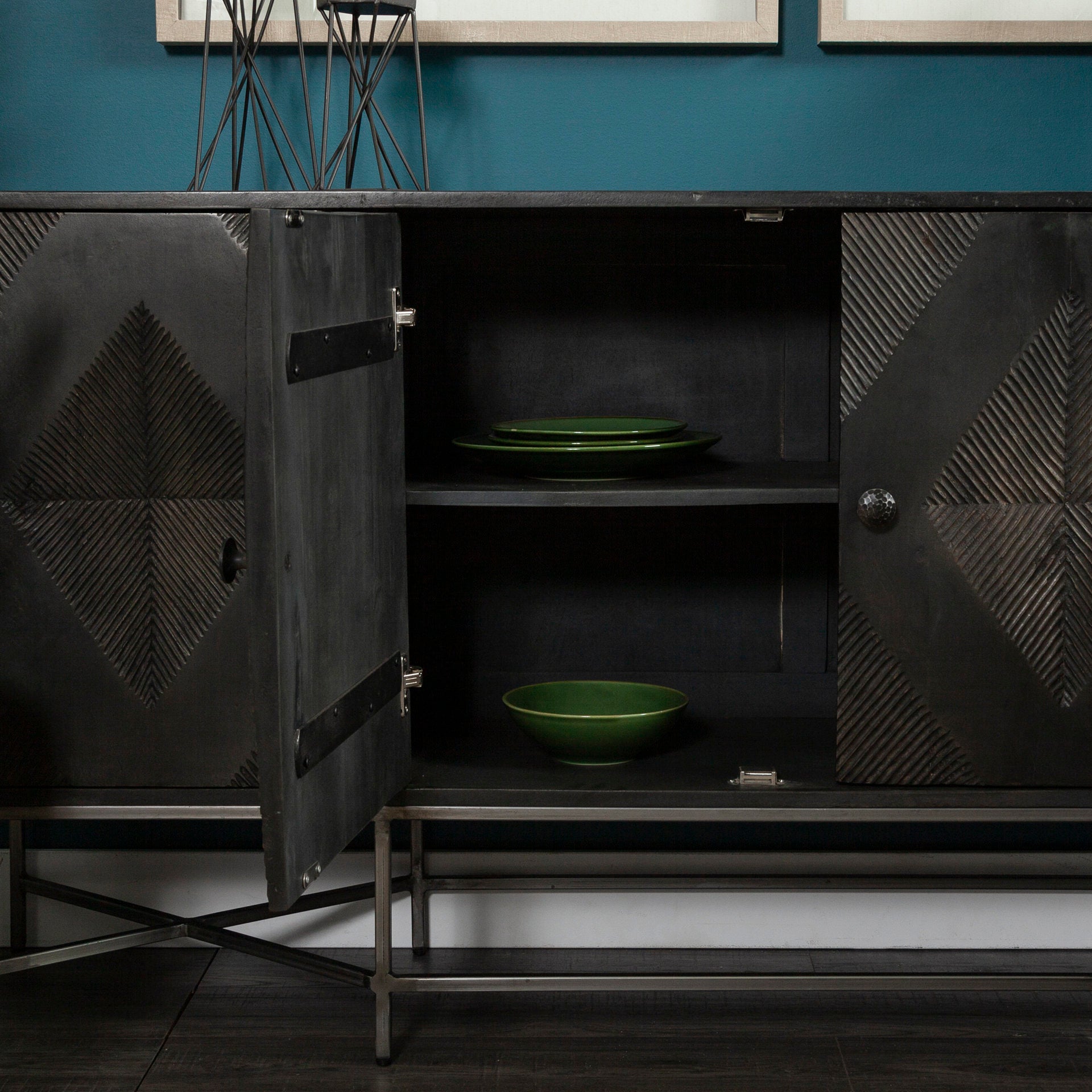 Hogarth I 72x15 Two - Tone Brown Solid Wood Base Silver Frame 4 Cabinet Sideboard - Central Designs