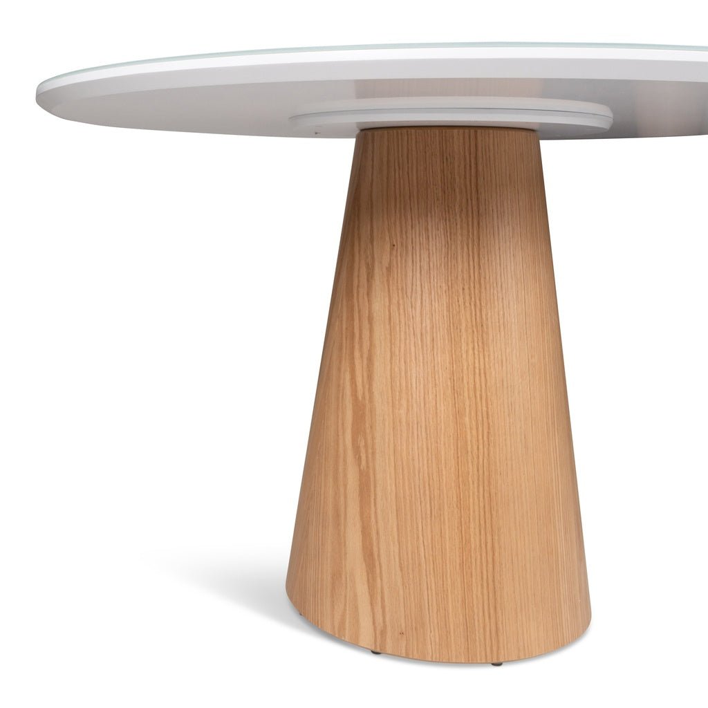 Modern Brazilian - Mona - Glass Top Round Dining Table - Branco Top - Damasco Base - Central Designs