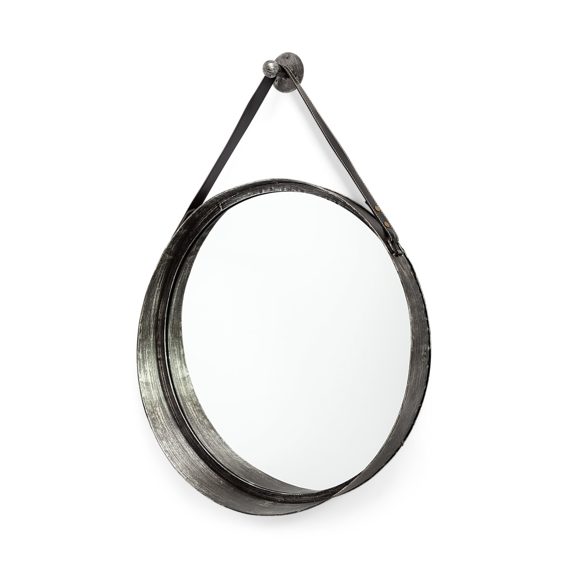 Northdale 30" Round Black Metal Frame w/Leather Strap Mirror