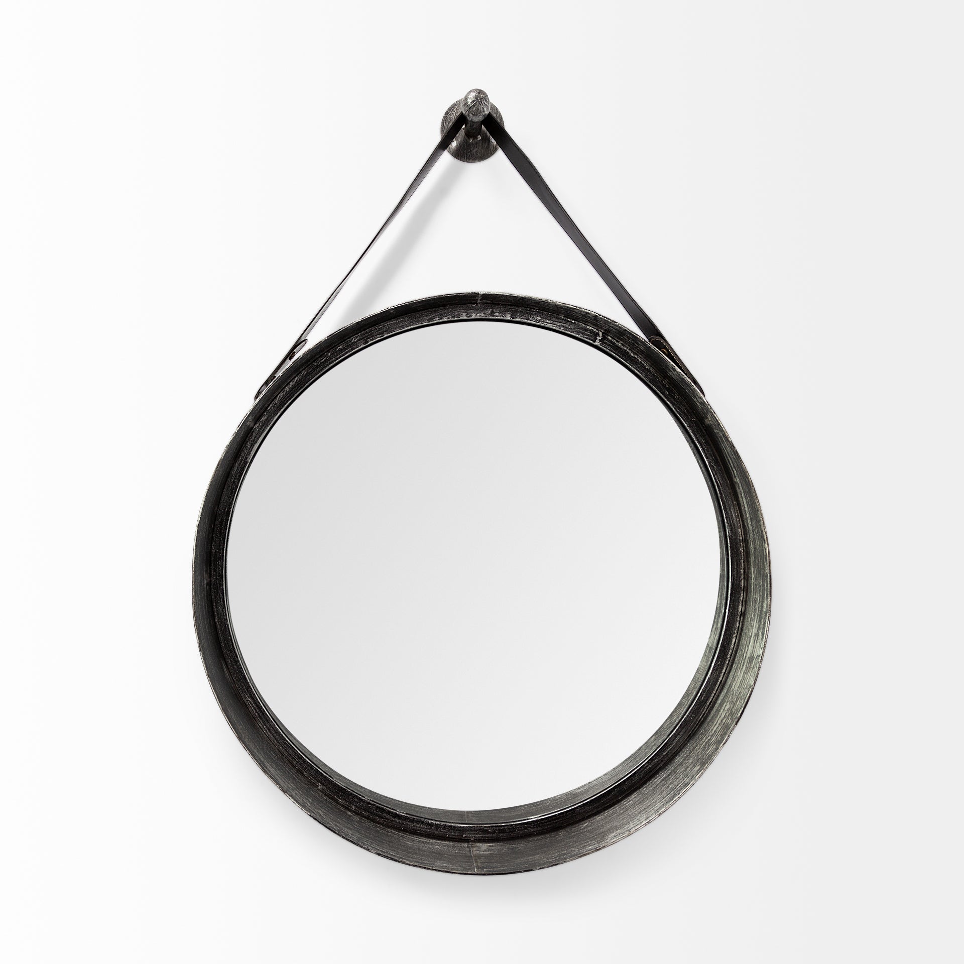 Northdale 30" Round Black Metal Frame w/Leather Strap Mirror
