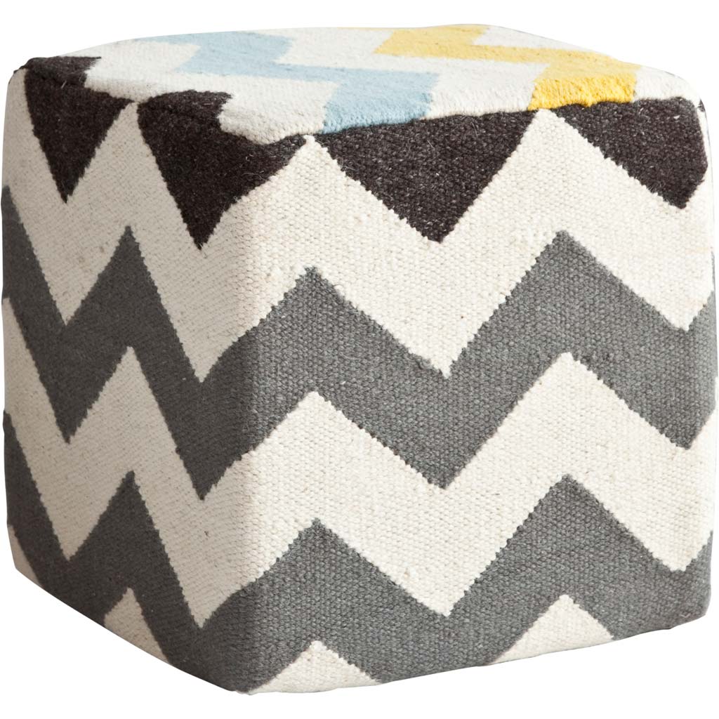 Alliaria XI Ivory/Charcoal Wool  Zig-Zag Pattern Sqaure Pouf