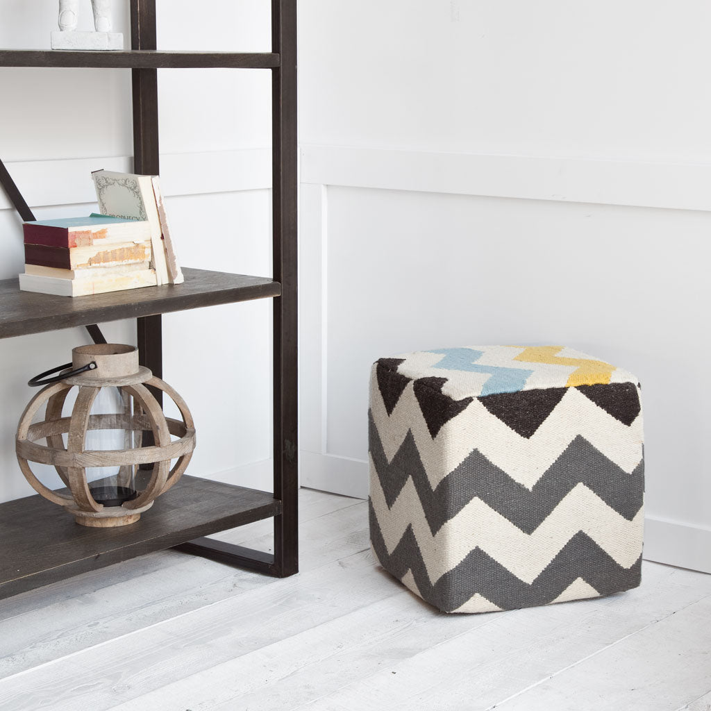 Alliaria XI Ivory/Charcoal Wool  Zig-Zag Pattern Sqaure Pouf