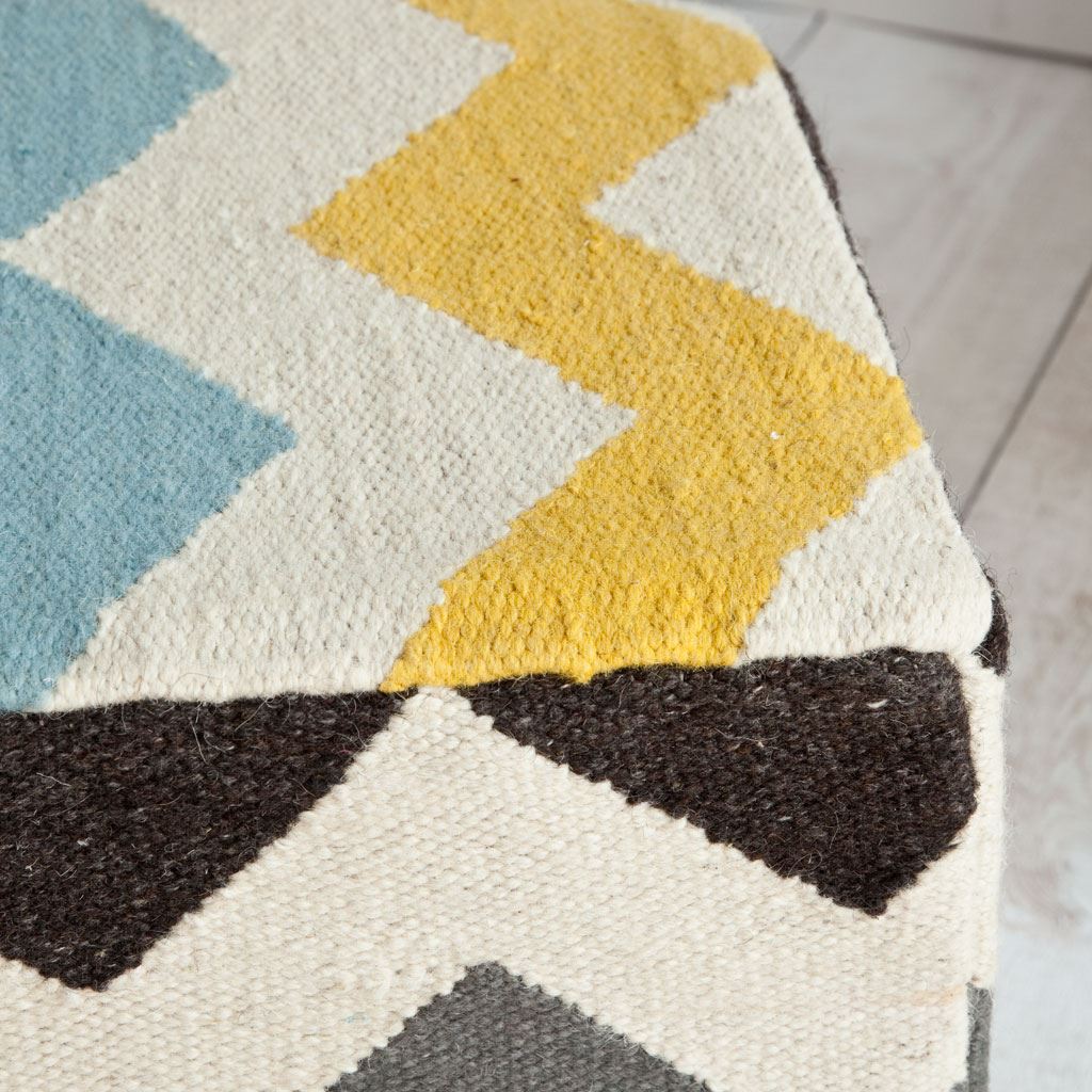 Alliaria XI Ivory/Charcoal Wool  Zig-Zag Pattern Sqaure Pouf