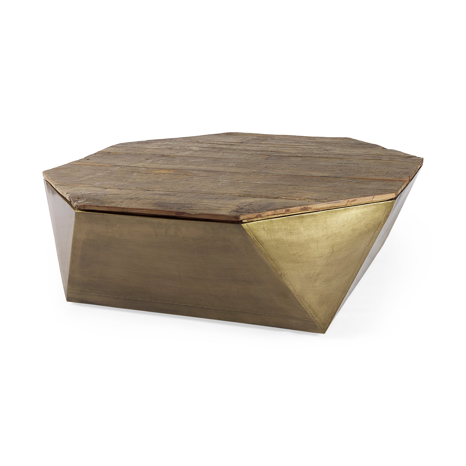 Esagono Octagonal Gold Metal - Clad Reclaimed Wood Coffee Table w/ Storage - Central Designs