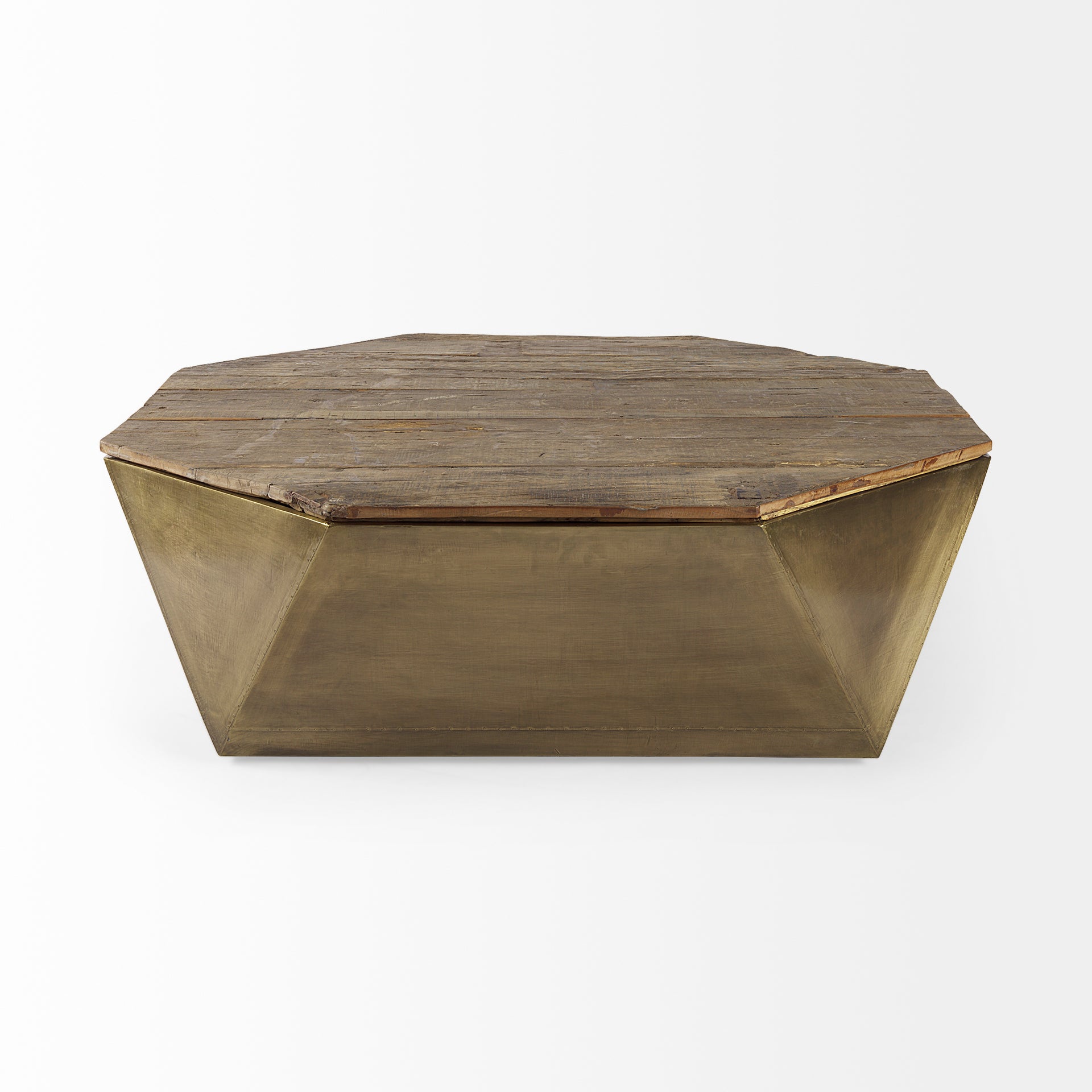 Esagono Octagonal Gold Metal - Clad Reclaimed Wood Coffee Table w/ Storage - Central Designs