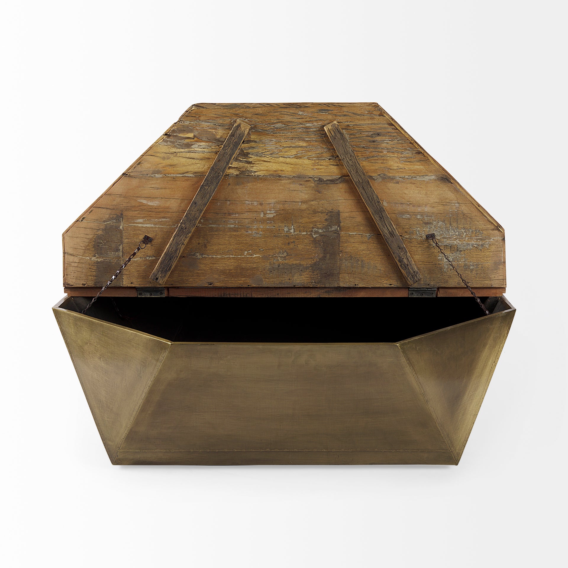 Esagono Octagonal Gold Metal - Clad Reclaimed Wood Coffee Table w/ Storage - Central Designs