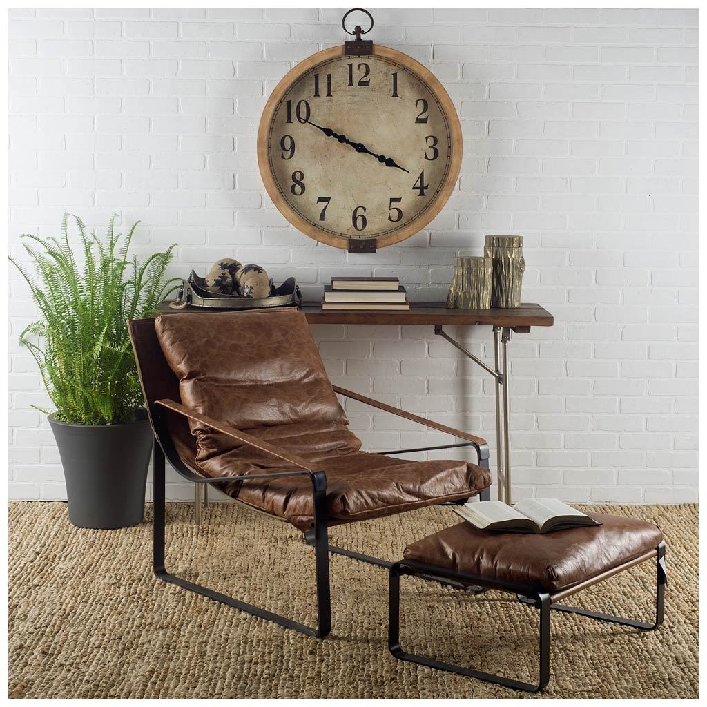 Hornet I 14"H Brown Leather Black Metal Base Ottoman