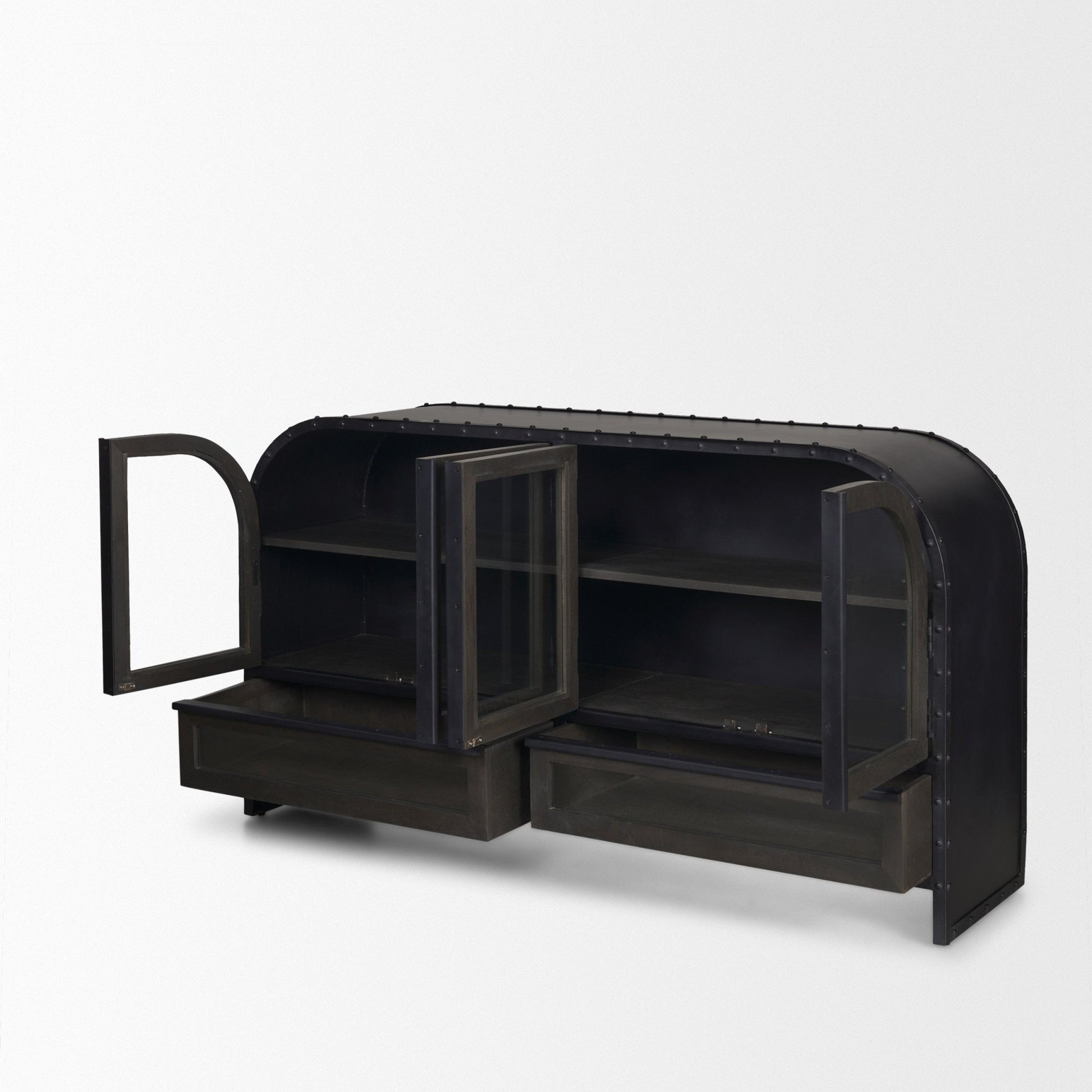Gehry I 62.3x16.5 Black Metal Frame w/Wood Accent 4 Cabinet Door Two Drawer Sideboard - Central Designs