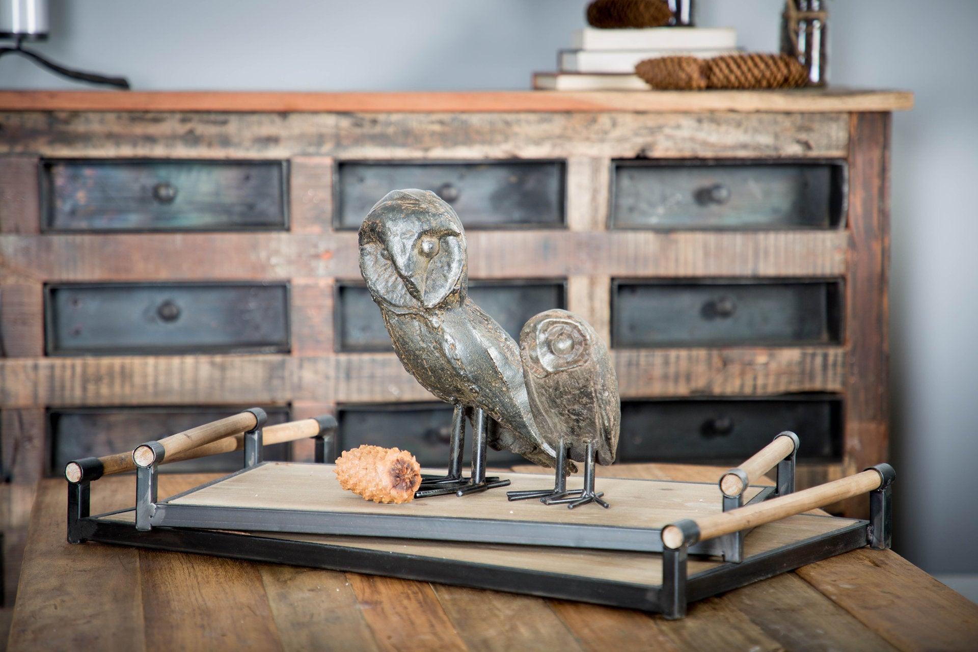 Benson Set of 2 Brown Wood Black Metal Trays - Central Designs