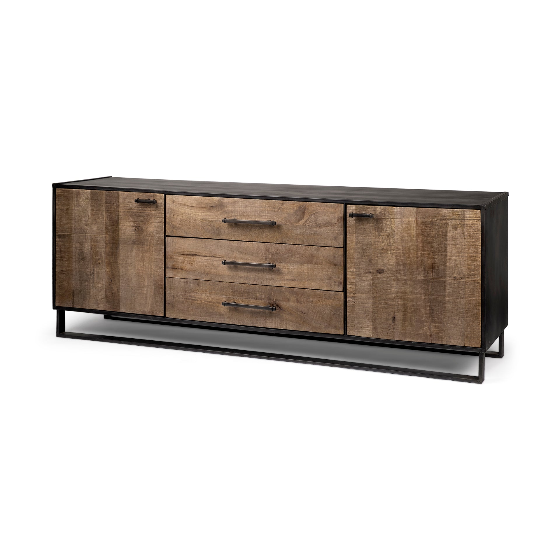 Alvin 82x20 Brown Solid Wood With Black Metal Frame 3 Drawer 2 Cabinet Door Sideboard - Central Designs