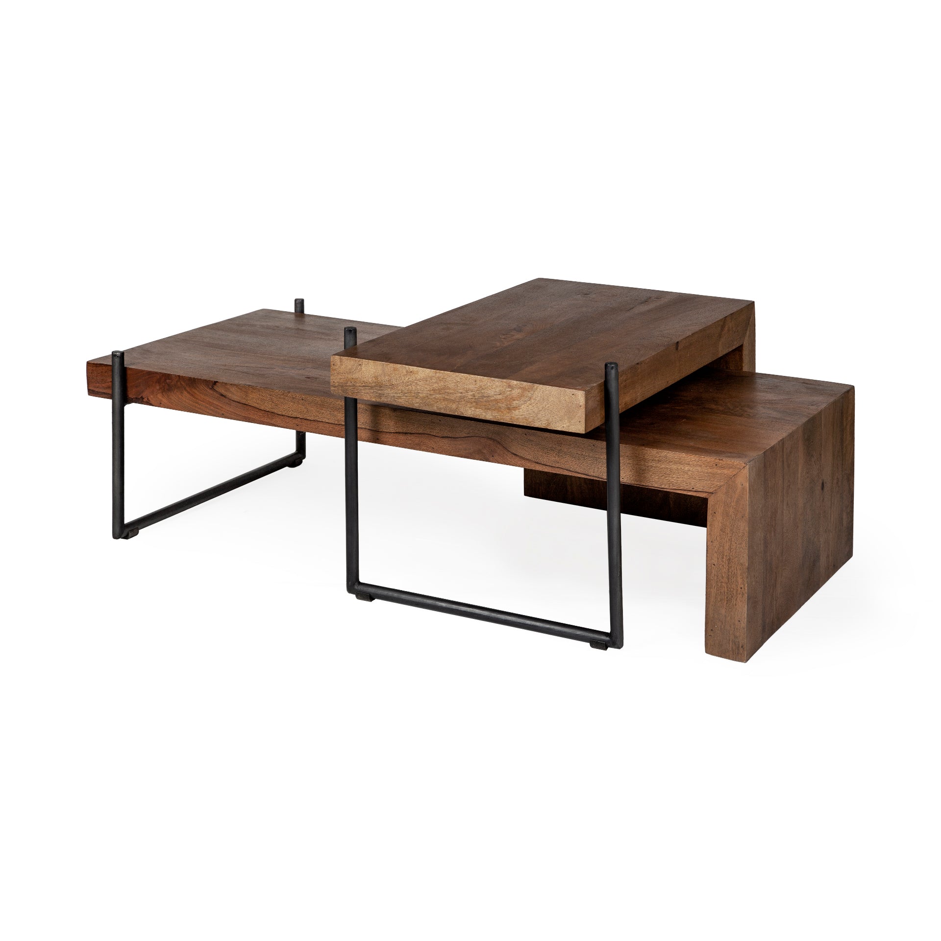 Maddox Set of 2 Brown Solid Wood Top Black Metal Base Nesting Coffee Tables