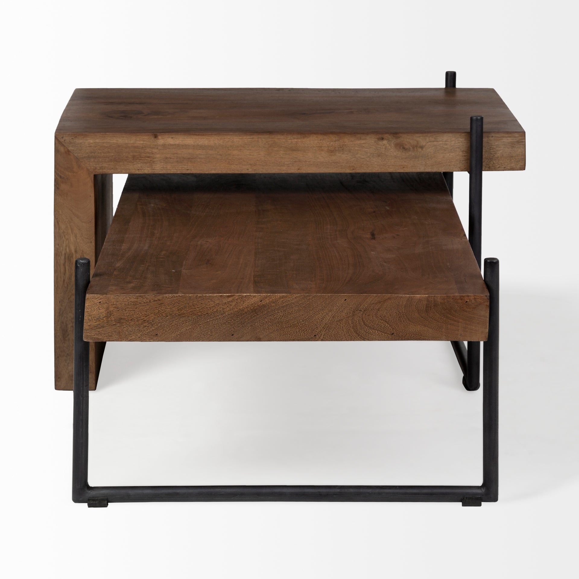 Maddox Set of 2 Brown Solid Wood Top Black Metal Base Nesting Coffee Tables