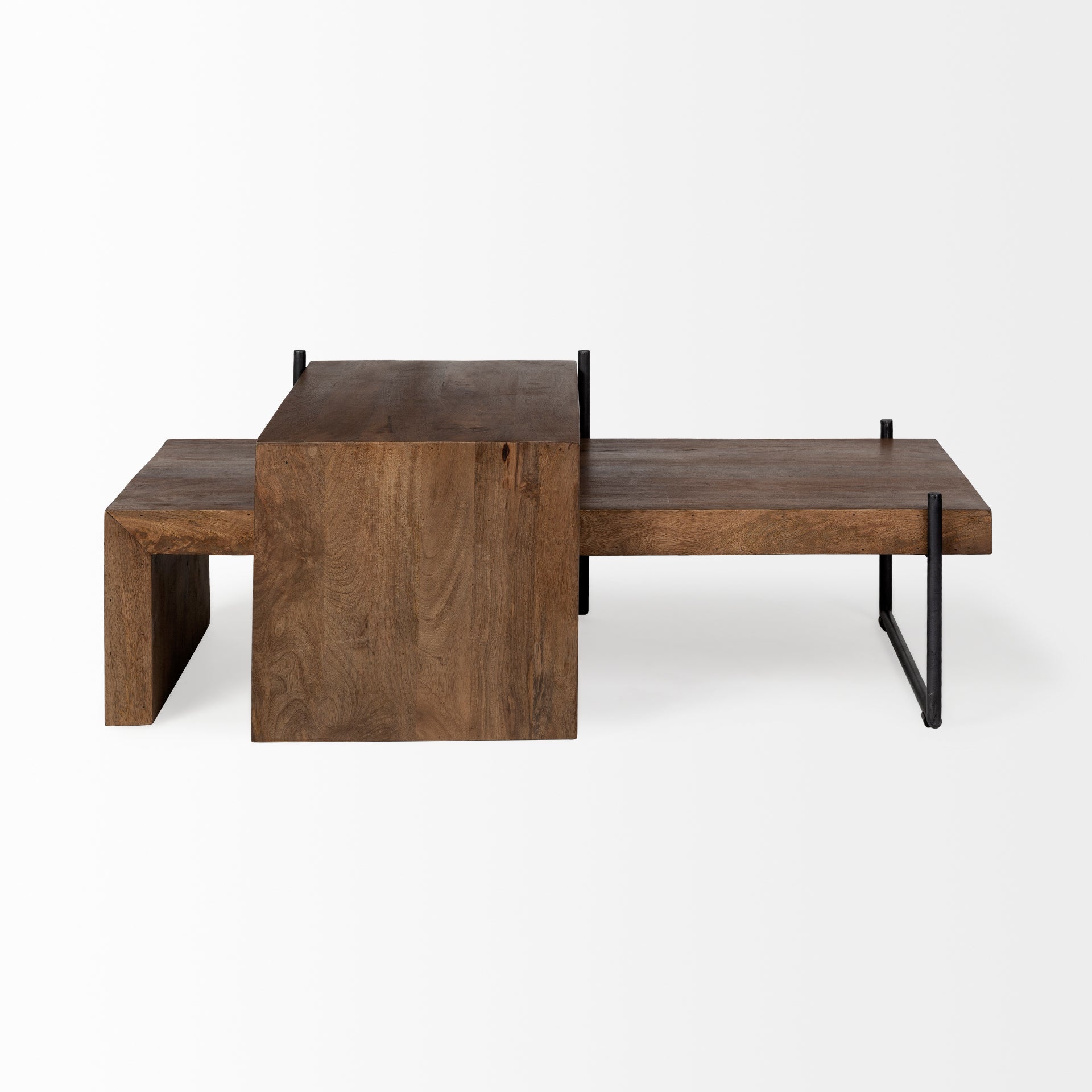 Maddox Set of 2 Brown Solid Wood Top Black Metal Base Nesting Coffee Tables