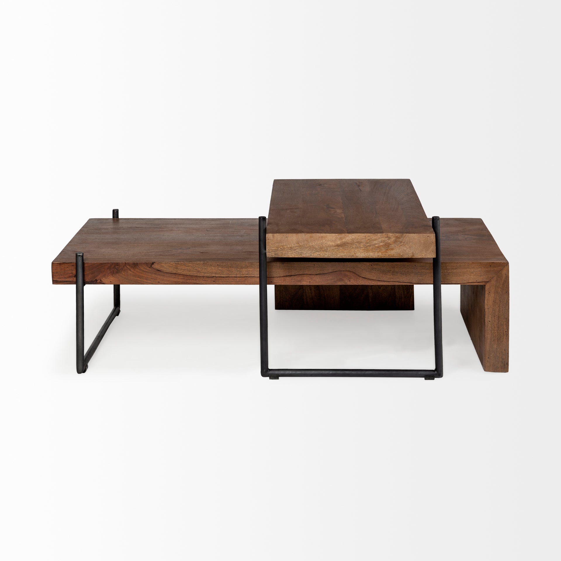 Maddox Set of 2 Brown Solid Wood Top Black Metal Base Nesting Coffee Tables