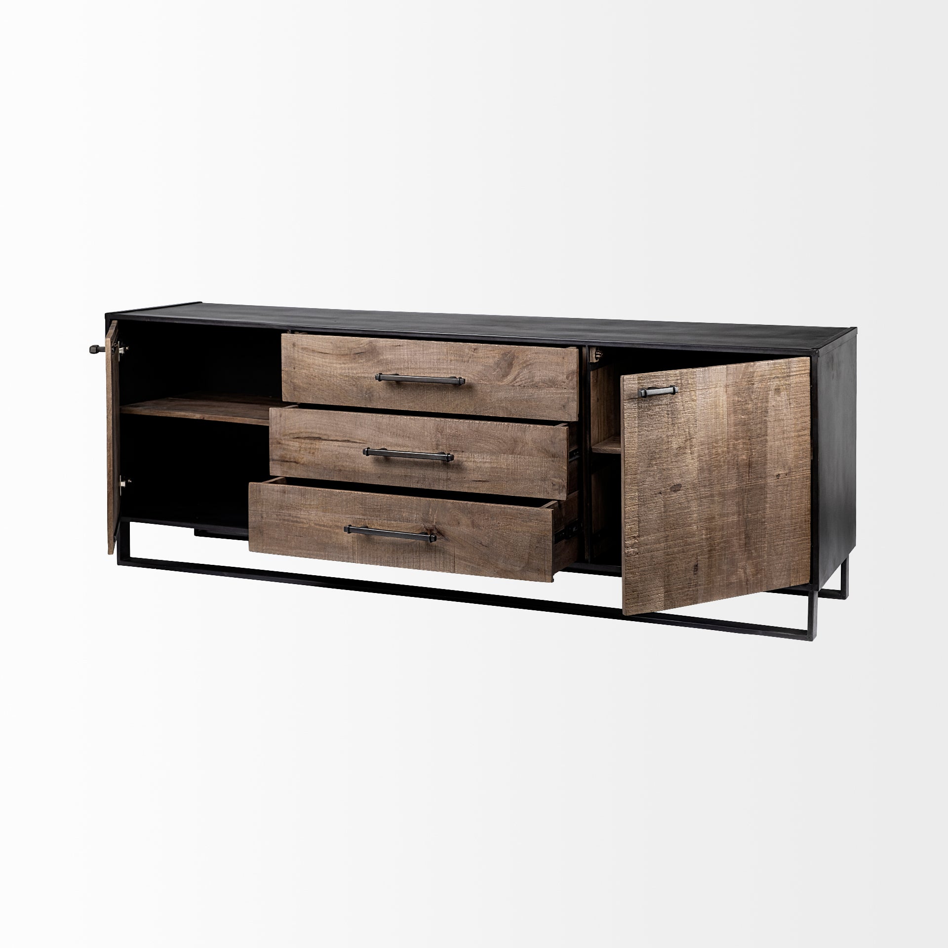 Alvin 82x20 Brown Solid Wood With Black Metal Frame 3 Drawer 2 Cabinet Door Sideboard - Central Designs