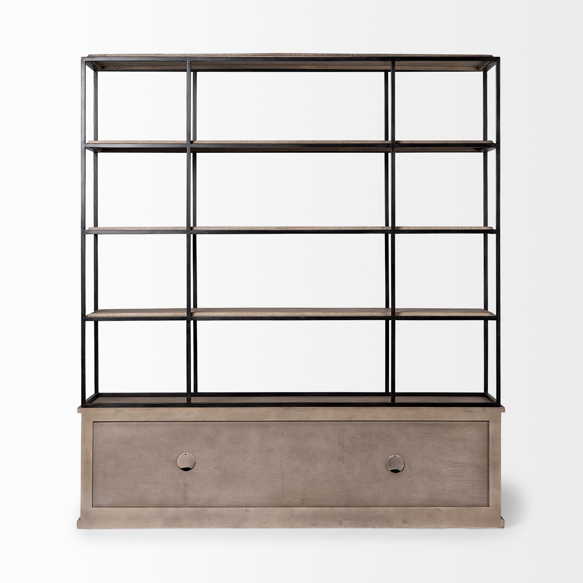 Braxton I Light Brown Wood and Iron Three Shelf Shelving Unit 81.5L x 18.5W x 90