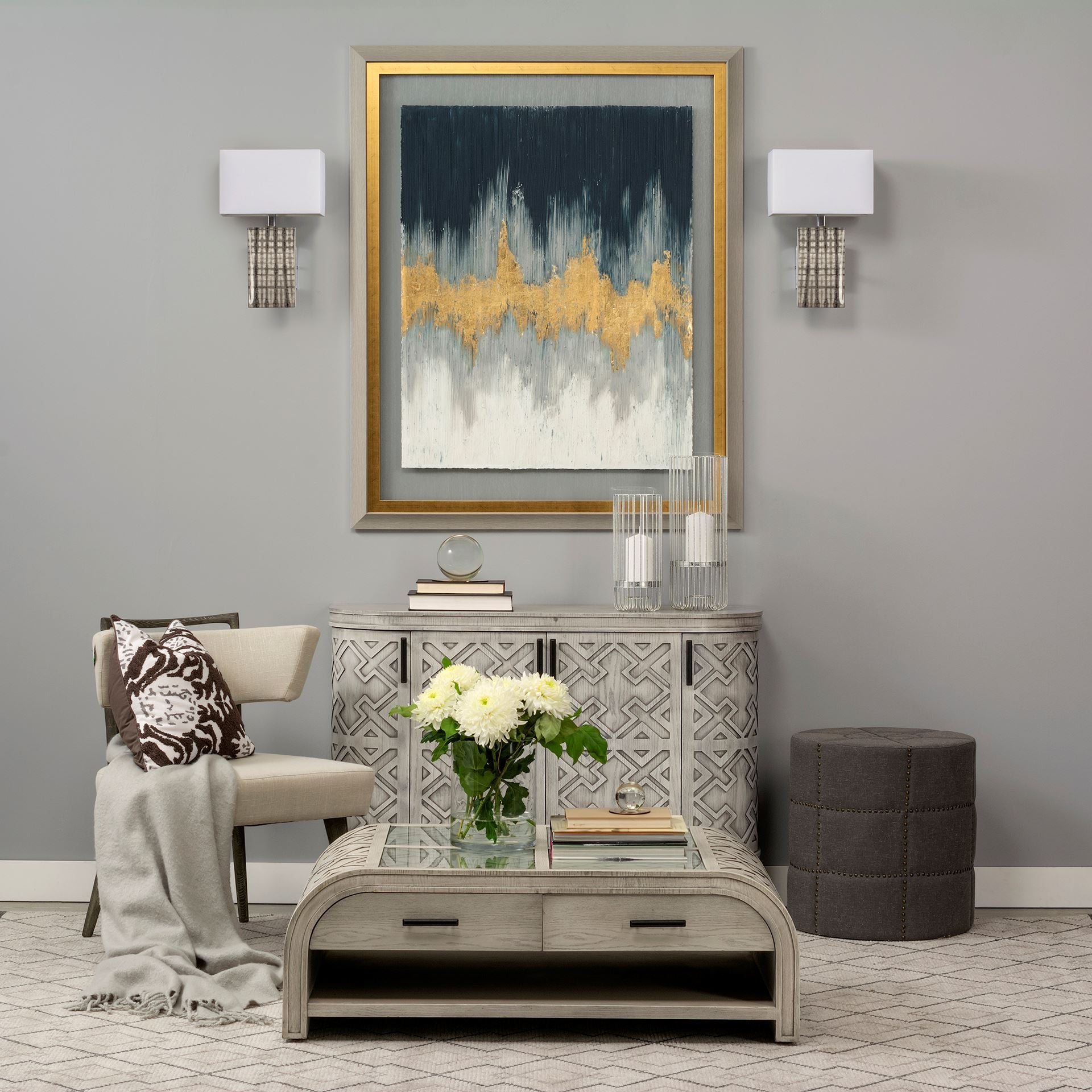 Beacon 20.5"H Gray Fabric w/ Metal Tacks Round Ottoman