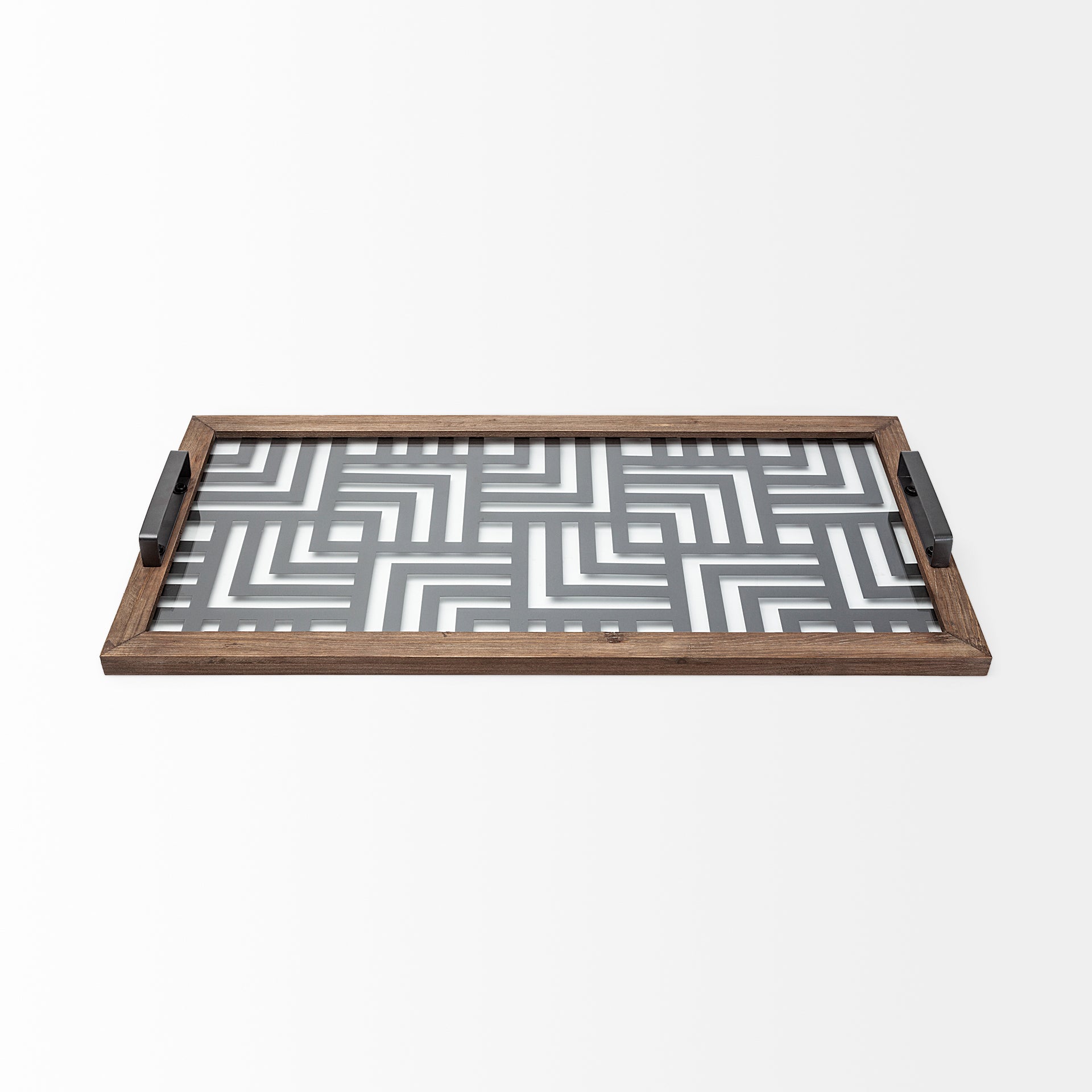 Fantuz 32L x 16W Gray Metal, Wood and Glass Serving Tray