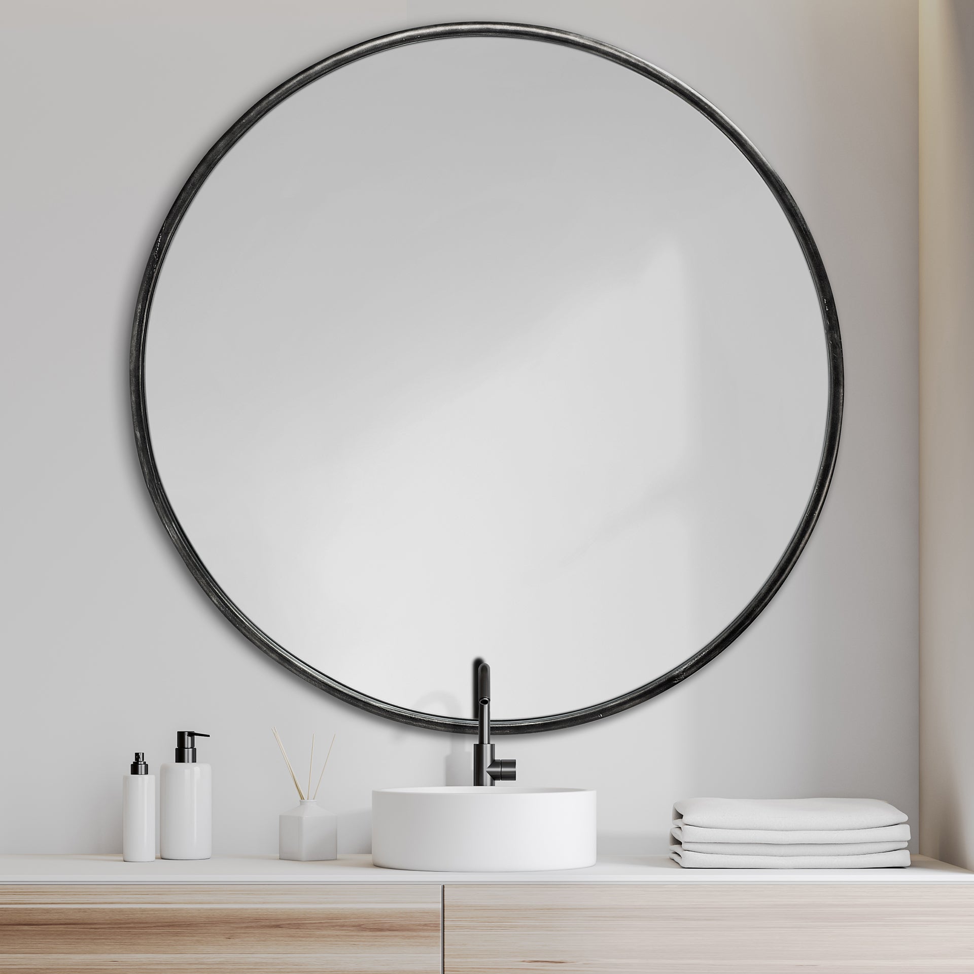 Piper 47.2L x 1.0W x 47.2H Large Black Metal Round Wall Mirror - Central Designs