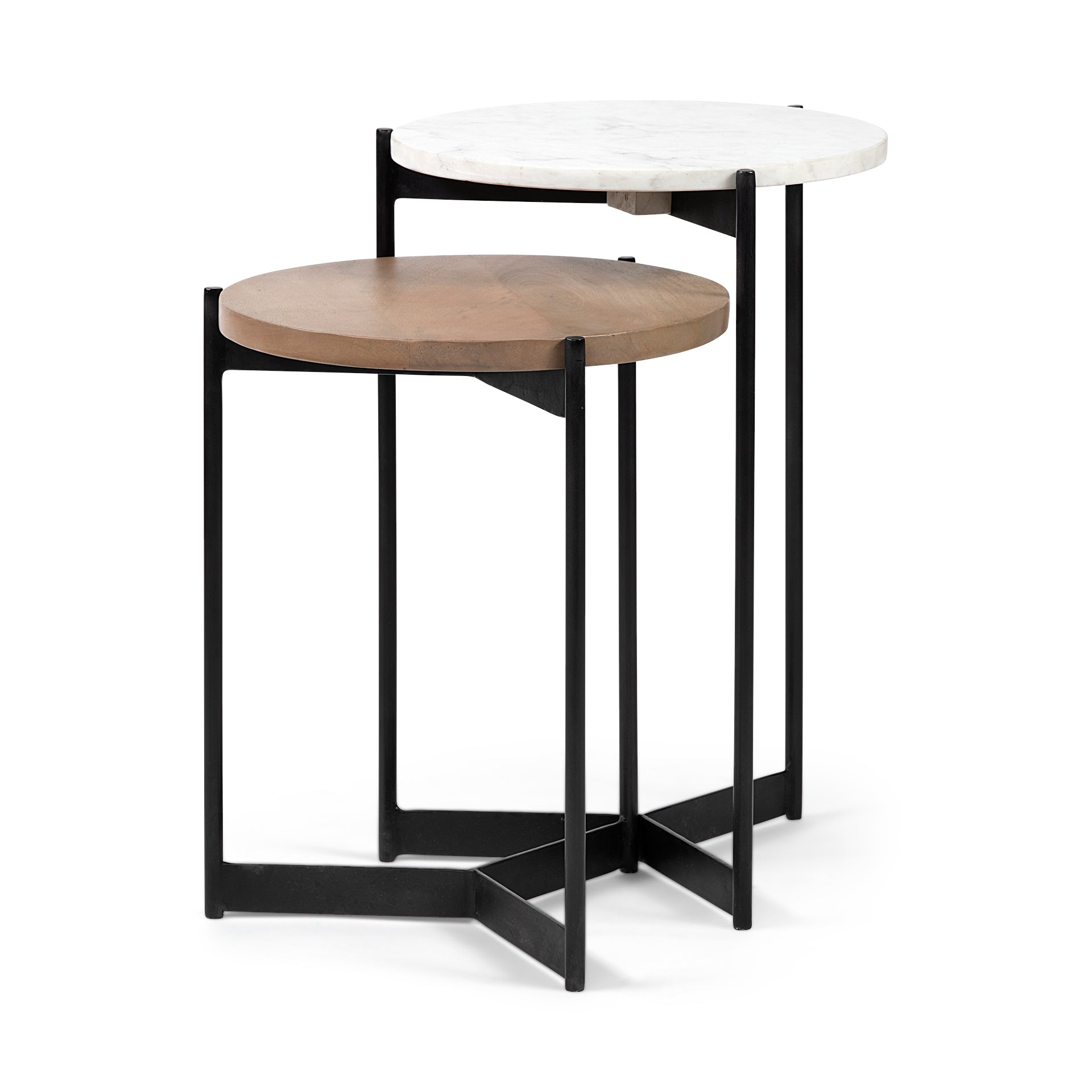 Larkin II Marble and Medium Brown Wood Round Tabletop Nesting End/Side Tables - Central Designs