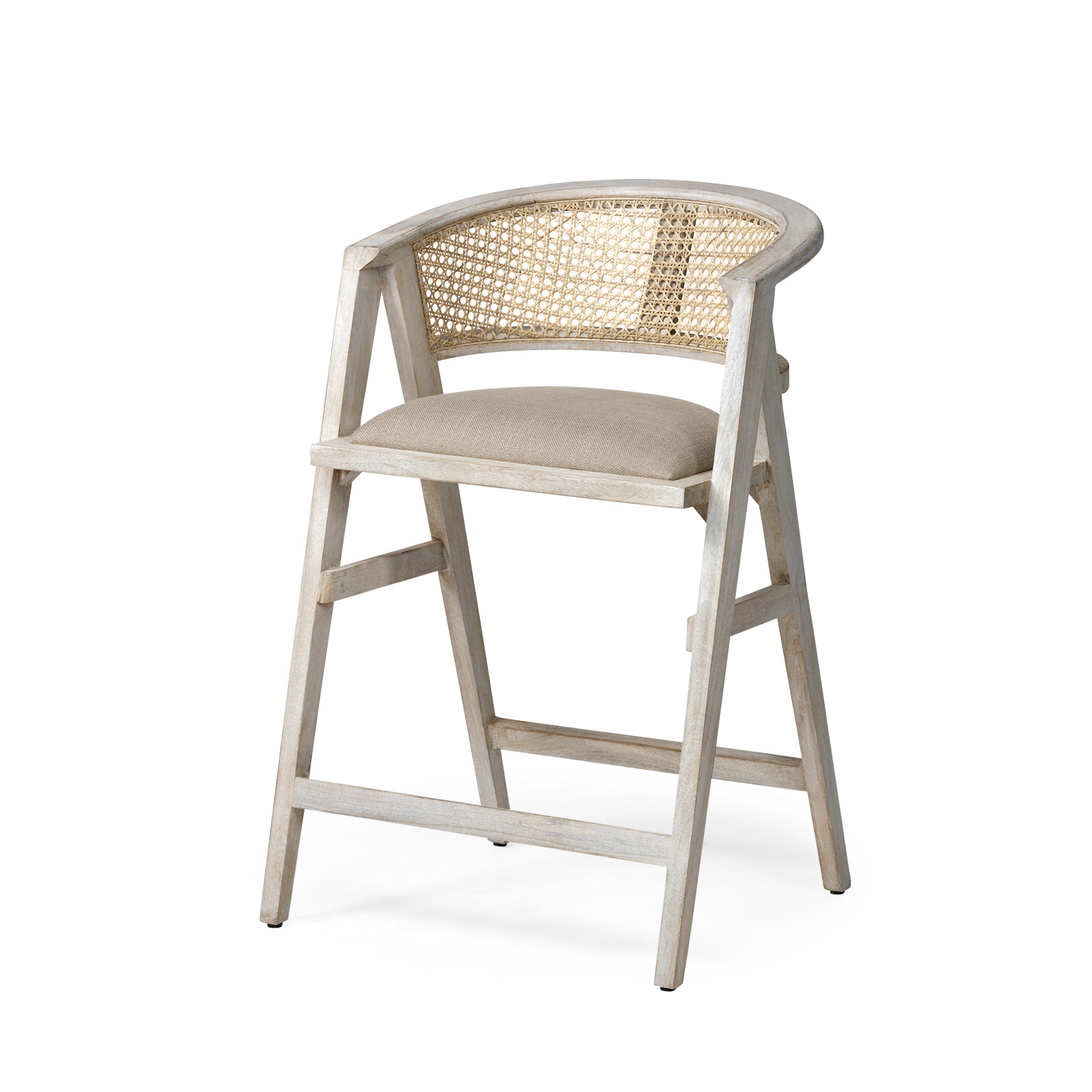 Tabitha 26.75" Seat Height Beige Fabric/Rattan Seat Blonde Wood Frame Counter Stool - Central Designs