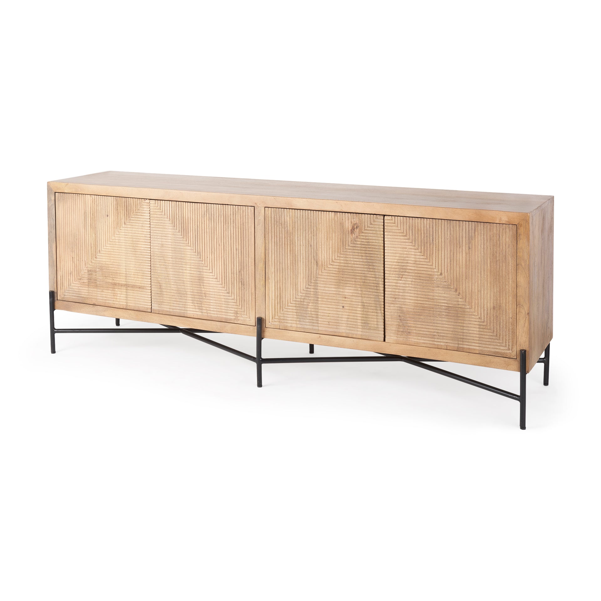 Cairo 78x19 Brown Solid Wood Black Metal Base 4 Door Cabinet Sideboard - Central Designs