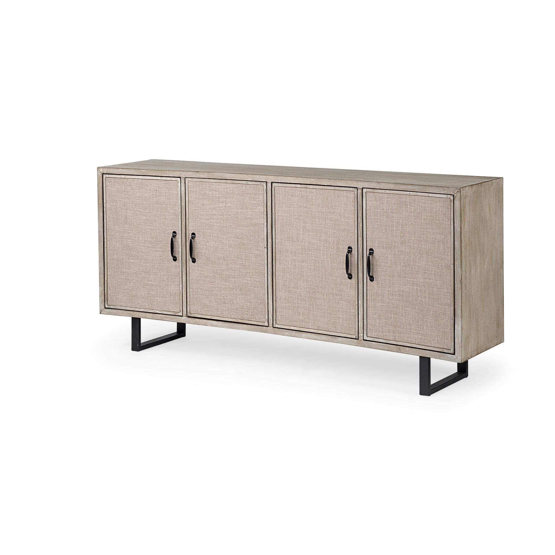 Bellefontaine II 68x15.5 Brown Fir Veneer Frame 4 Fabric Covered Cabinet Door Sideboard