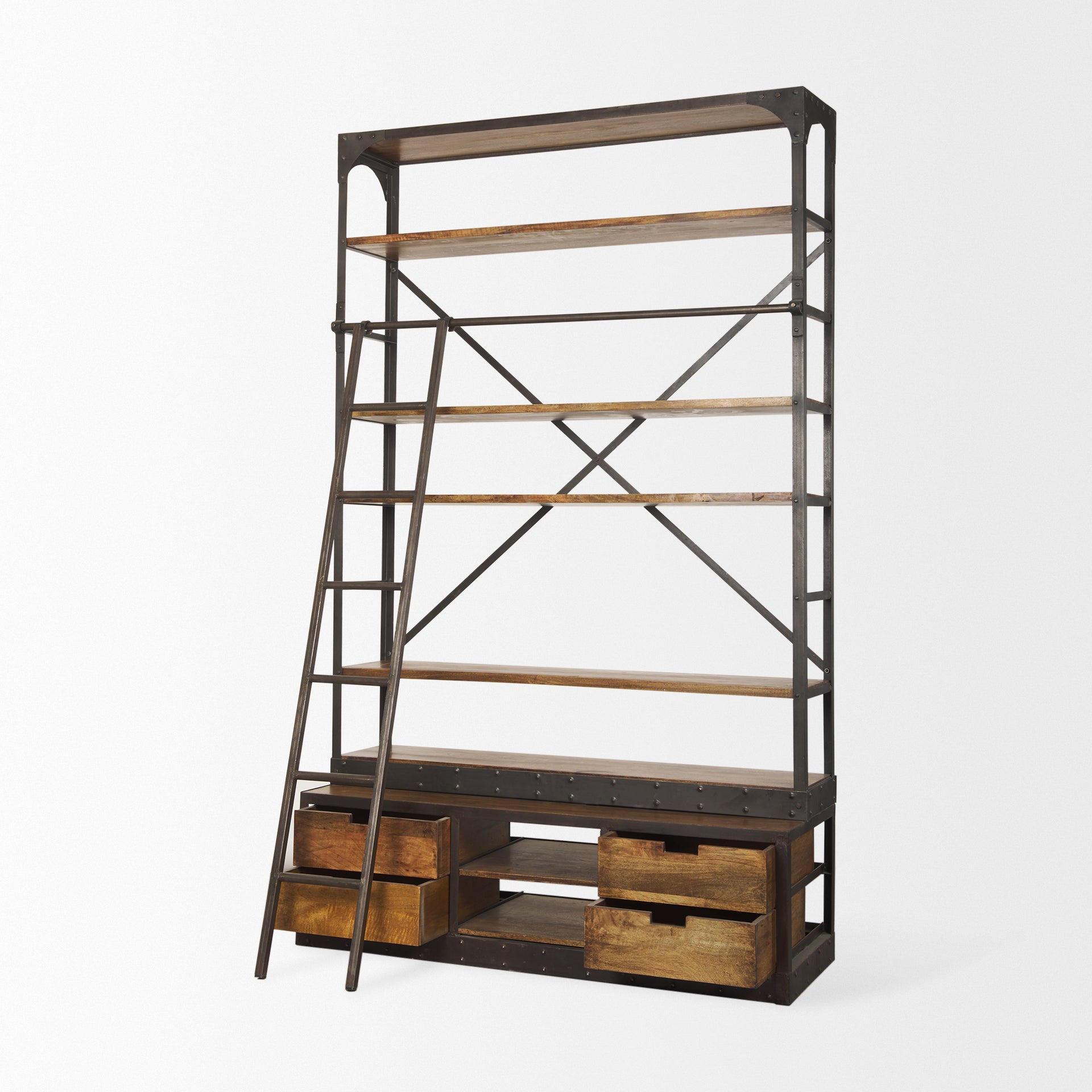 Brodie II Medium Brown Wood Black Ladder Four Shelf Shelving Unit 57L x 20.5W x94H - Central Designs