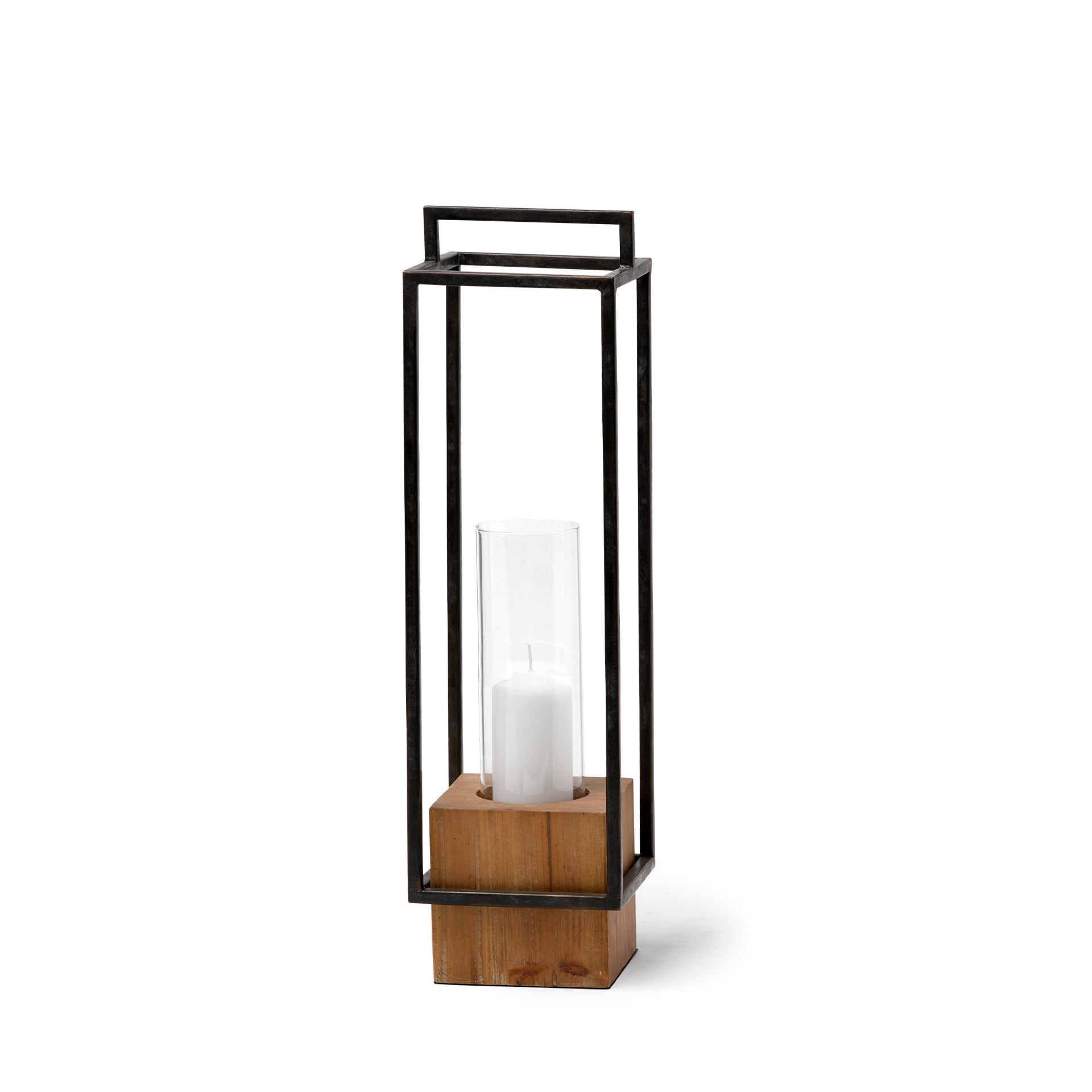 Orionis Large Wood w/ Black Metal Lantern Candle Holder