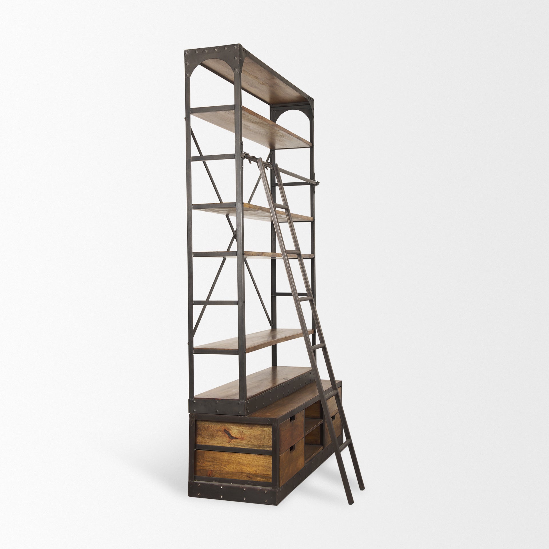 Brodie II Medium Brown Wood Black Ladder Four Shelf Shelving Unit 57L x 20.5W x94H - Central Designs