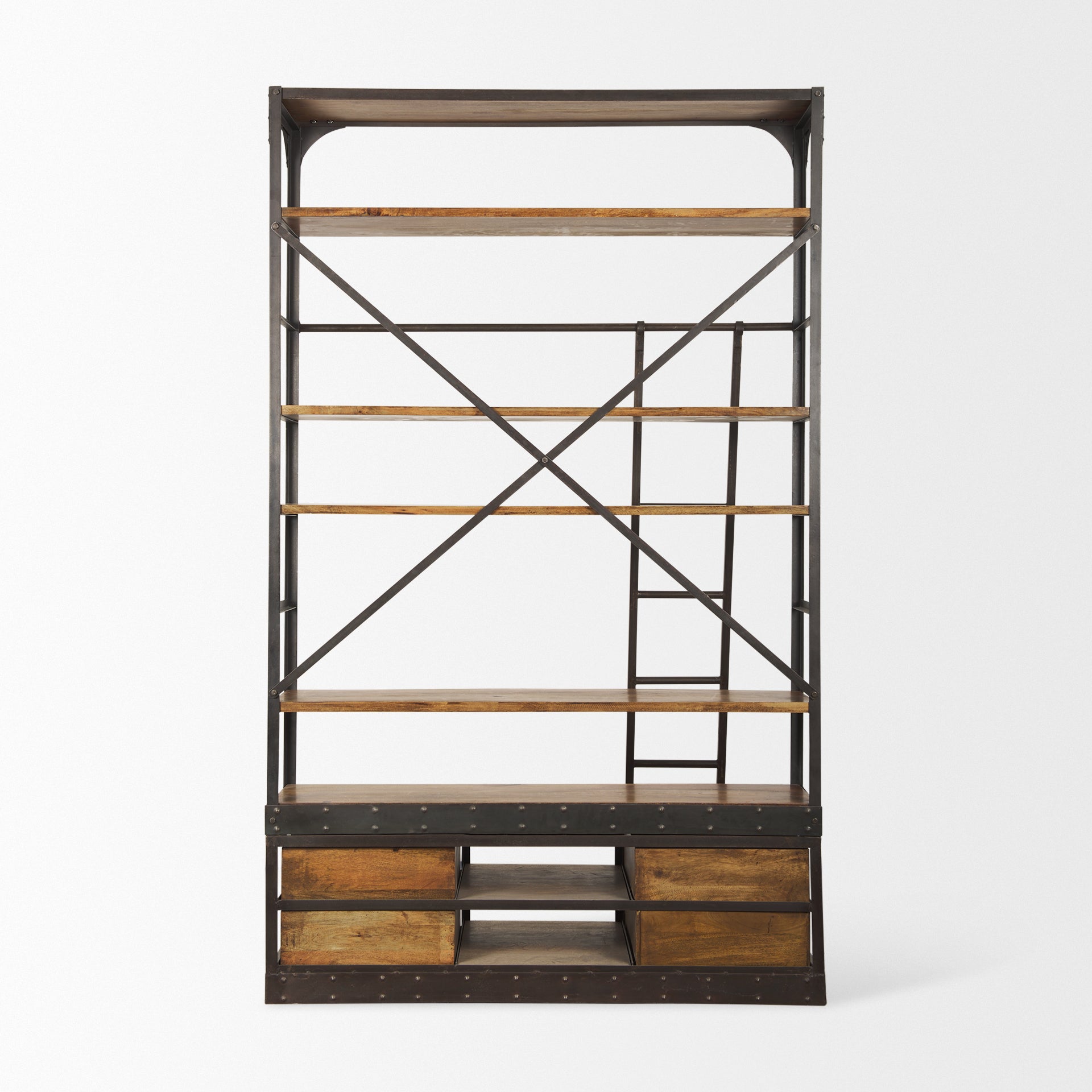 Brodie II Medium Brown Wood Black Ladder Four Shelf Shelving Unit 57L x 20.5W x94H