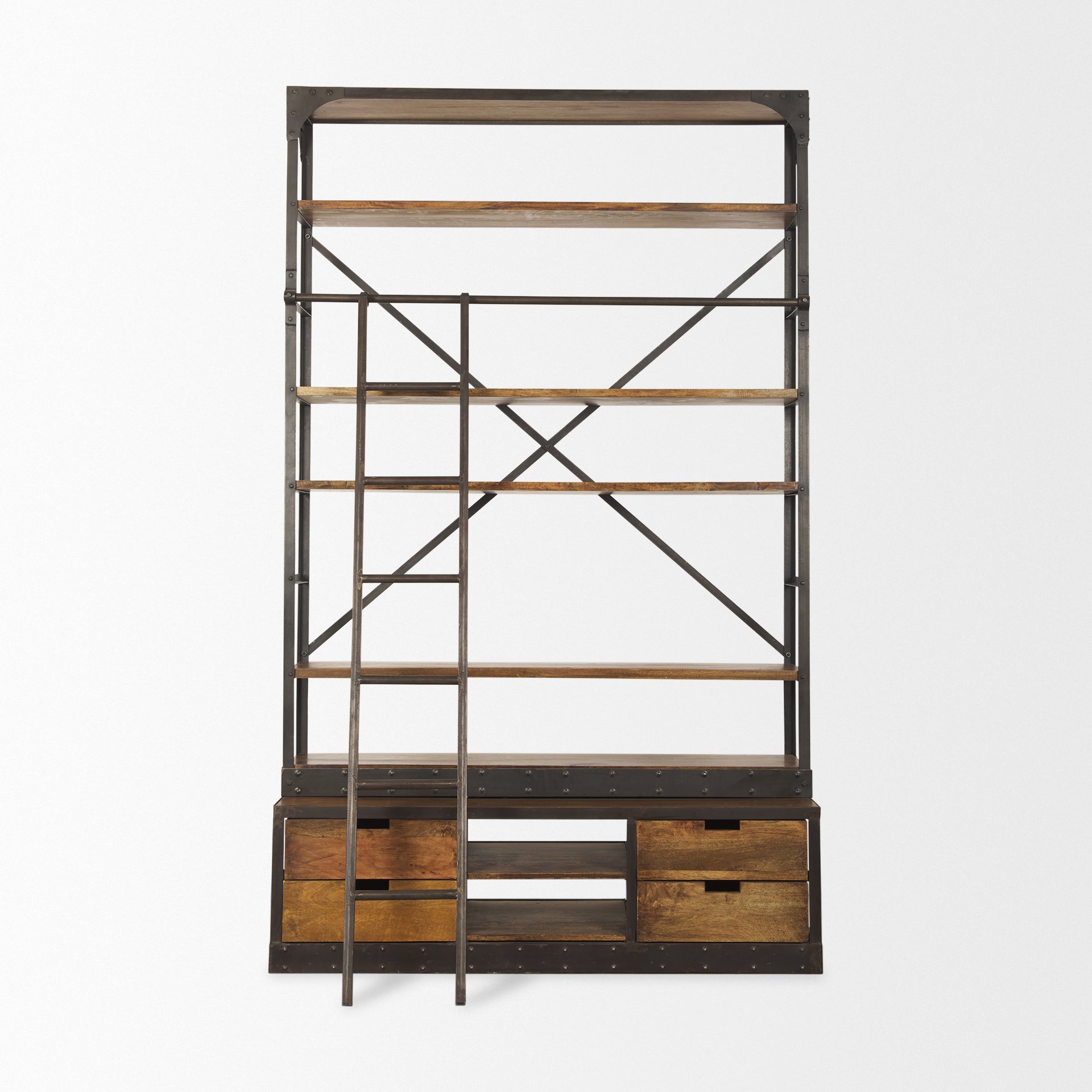 Brodie II Medium Brown Wood Black Ladder Four Shelf Shelving Unit 57L x 20.5W x94H