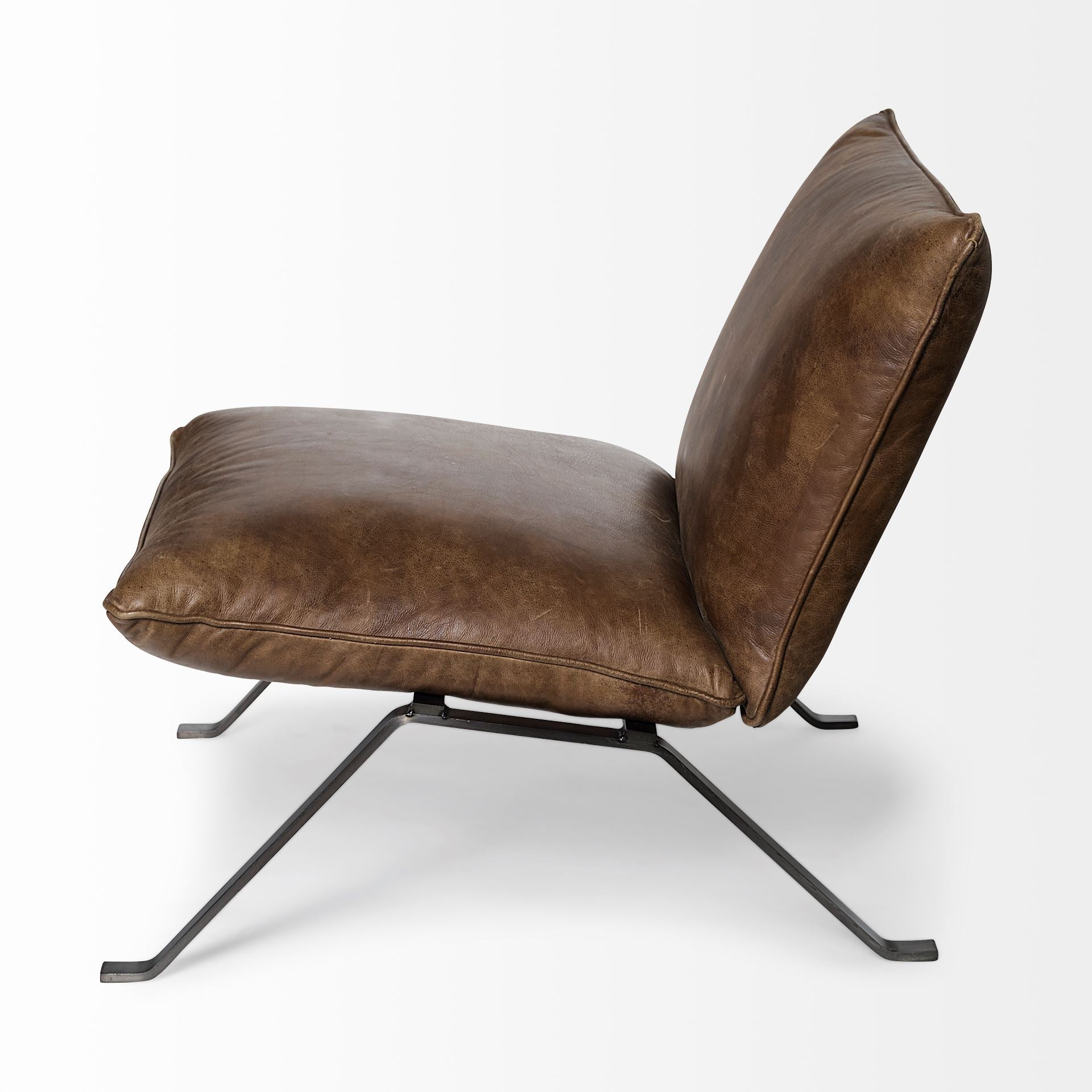 Flavelle I Brown Leather Cushion Seat and Solid Iron Base Accent Chair