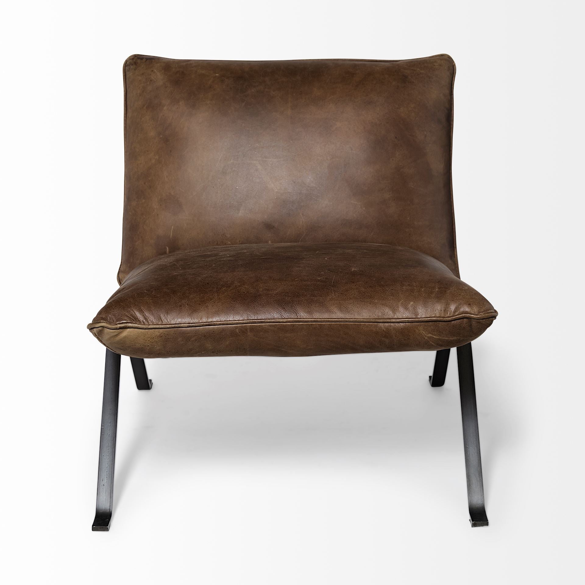 Flavelle I Brown Leather Cushion Seat and Solid Iron Base Accent Chair