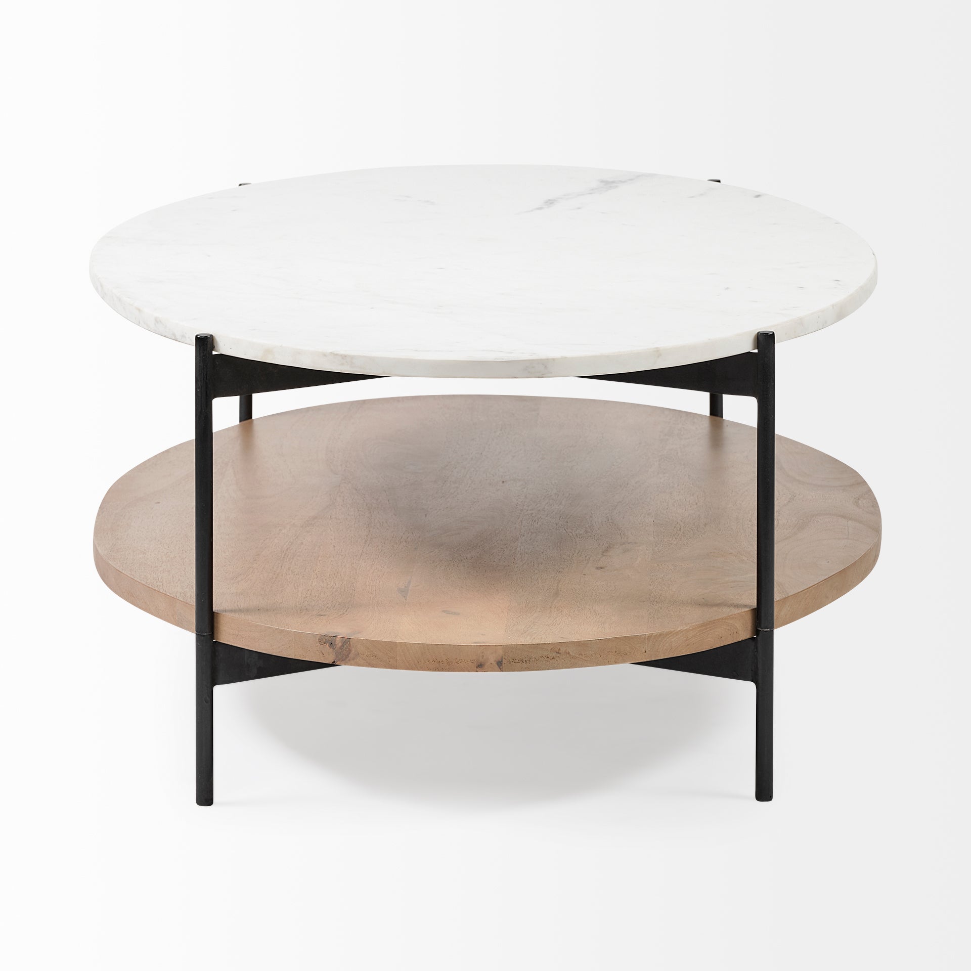 Larkin 48" Oval White Marble Top and Solid Wood Shelf w/ Black Metal Frame Coffee Table