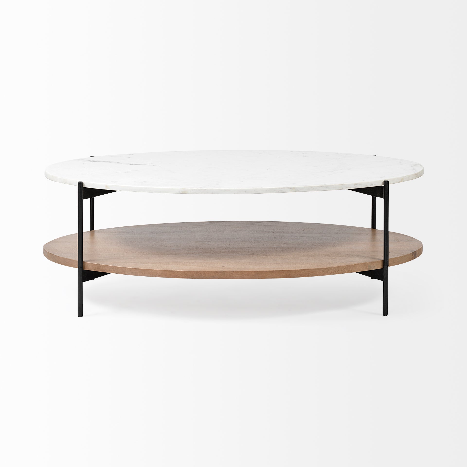 Larkin 48" Oval White Marble Top and Solid Wood Shelf w/ Black Metal Frame Coffee Table
