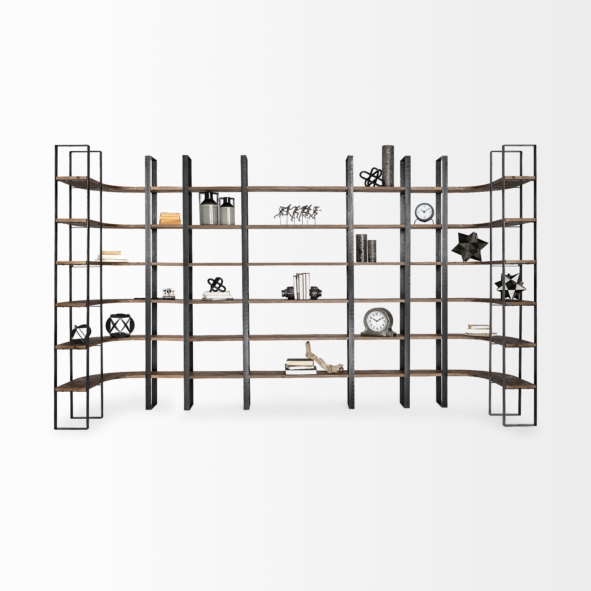 Taunton II 80L x 10.5W x 90H Dark Brown Wood And Black Iron Six Shelving Unit - Central Designs