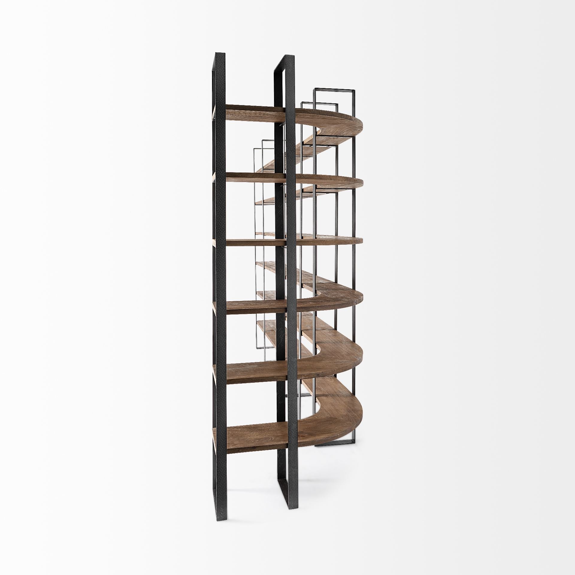 Turner II 37L x 10.5W x 90H Curved Dark Brown Wood And Black Iron Six Shelving Unit - Central Designs