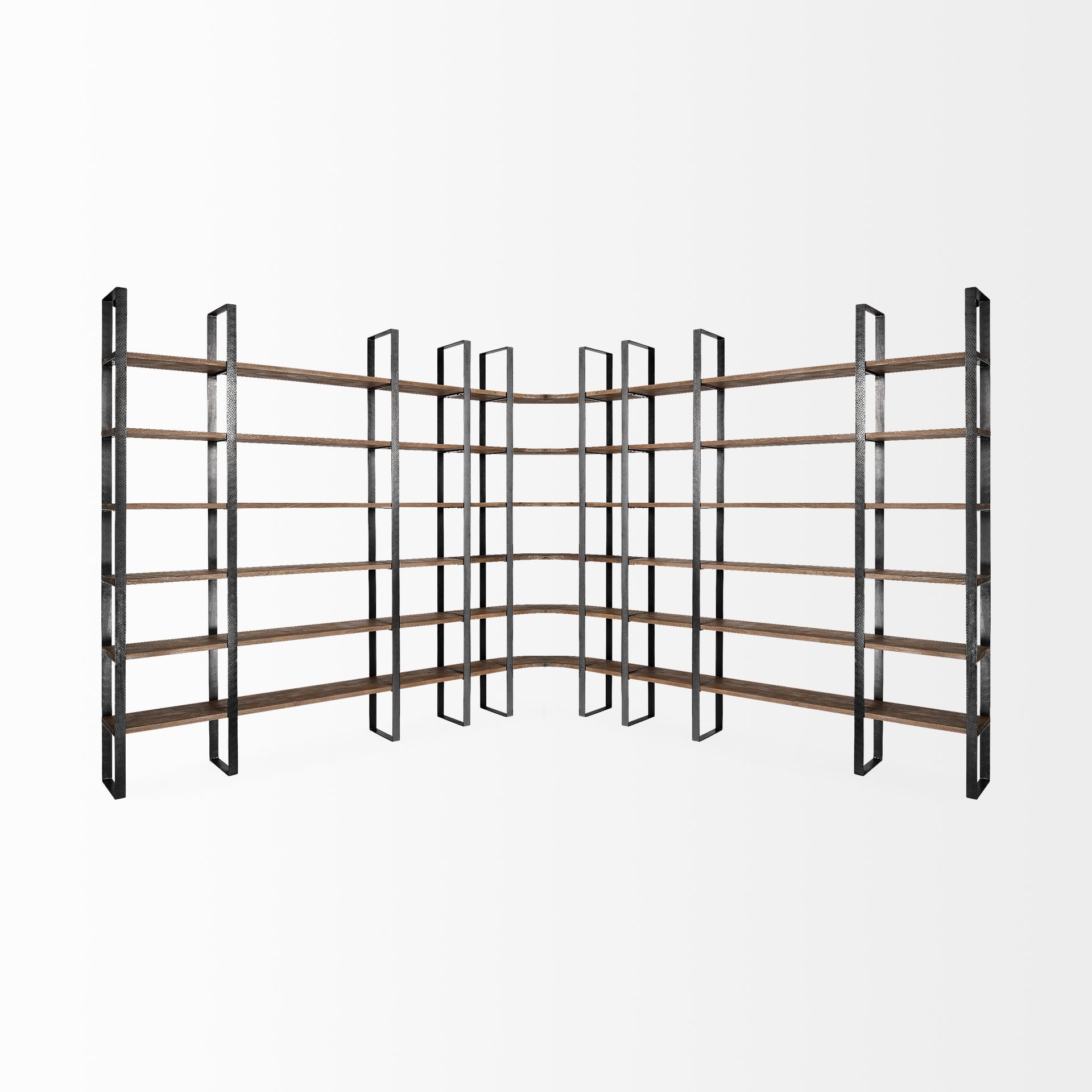 Turner II 37L x 10.5W x 90H Curved Dark Brown Wood And Black Iron Six Shelving Unit - Central Designs