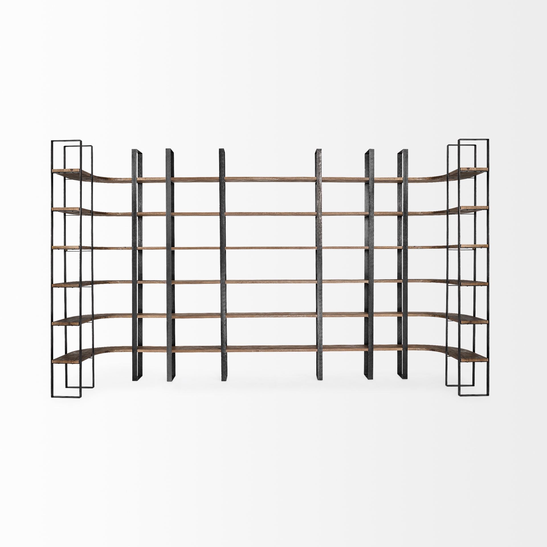 Turner II 37L x 10.5W x 90H Curved Dark Brown Wood And Black Iron Six Shelving Unit - Central Designs