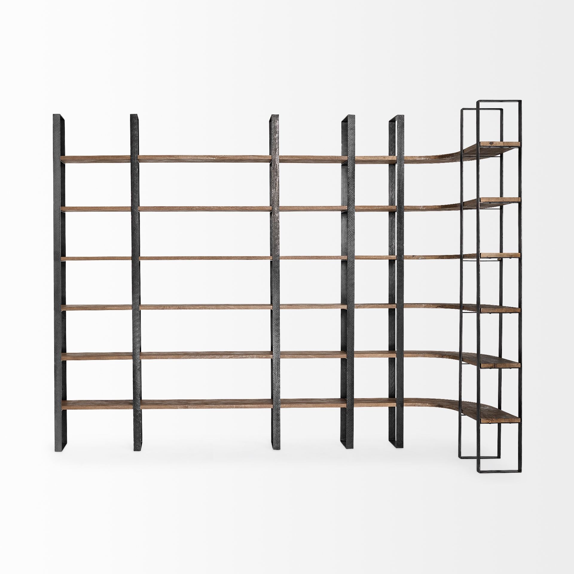Turner II 37L x 10.5W x 90H Curved Dark Brown Wood And Black Iron Six Shelving Unit - Central Designs