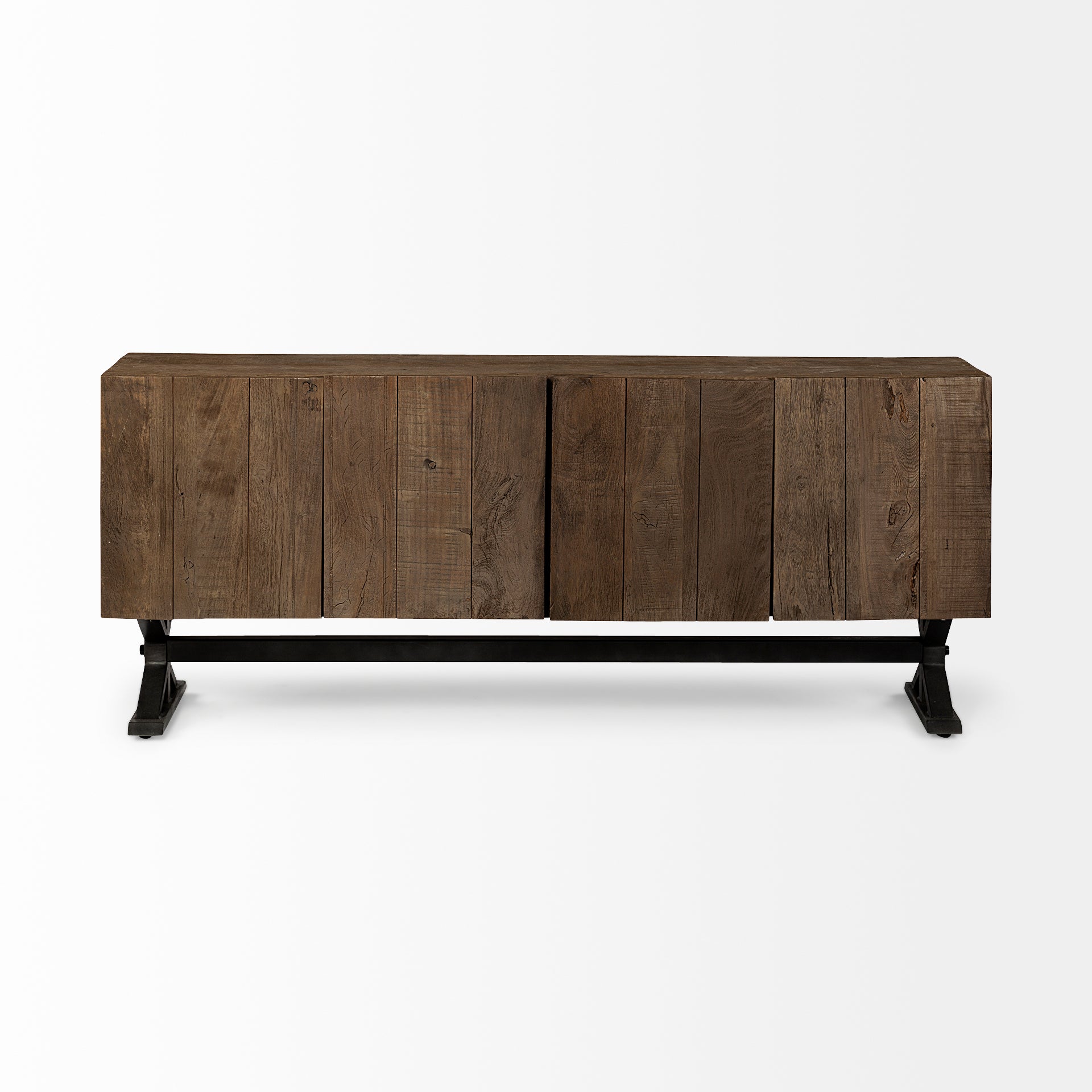 Hollingworth 72x18 Brown Solid Wood Frame Nickel Metal Base 4 Cabinet Door Sideboard