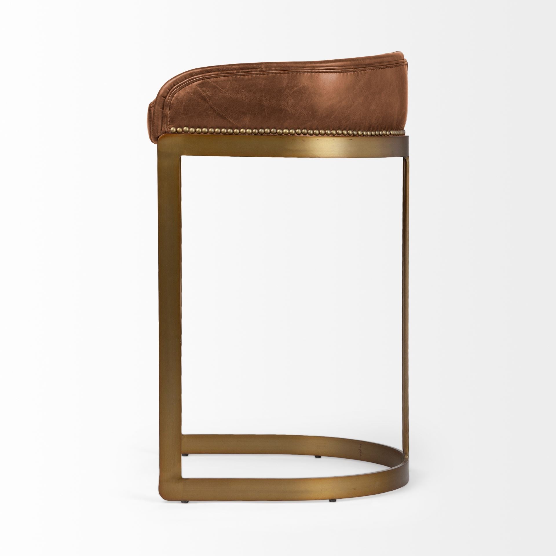 Hollyfield II Brown Leather Seat Gold Metal Base Bar Stool