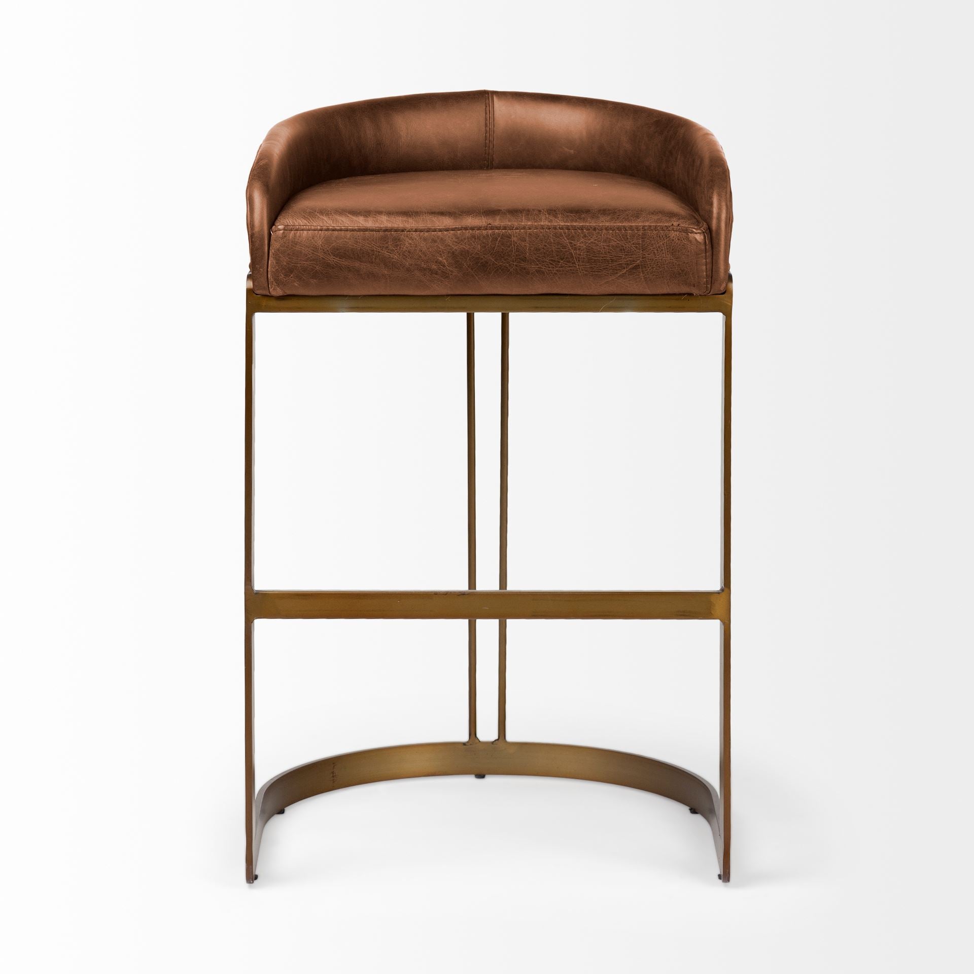 Hollyfield II Brown Leather Seat Gold Metal Base Bar Stool