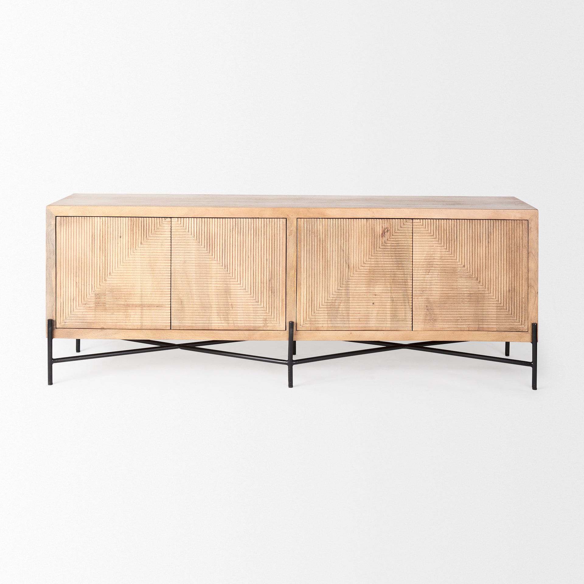 Cairo 78x19 Brown Solid Wood Black Metal Base 4 Door Cabinet Sideboard - Central Designs