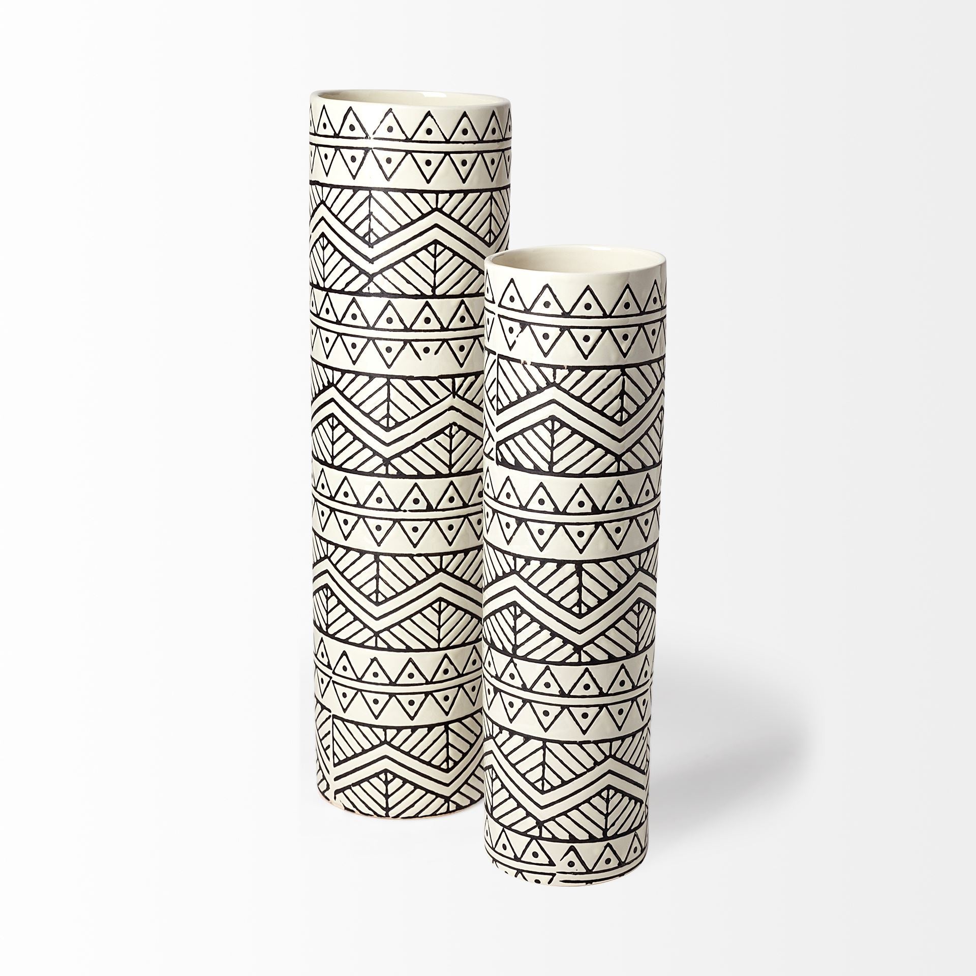 Uhura I Small Cream Black Patterned Cylindrical Vase